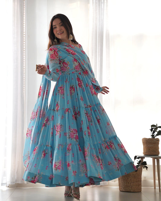 *PURE SOFT FOX GEORGETTE FLORAL PRINT FABRIC FULLY FLAIR ANARKALI,WITH DUPPTA SET,PENT READY TO WEAR*