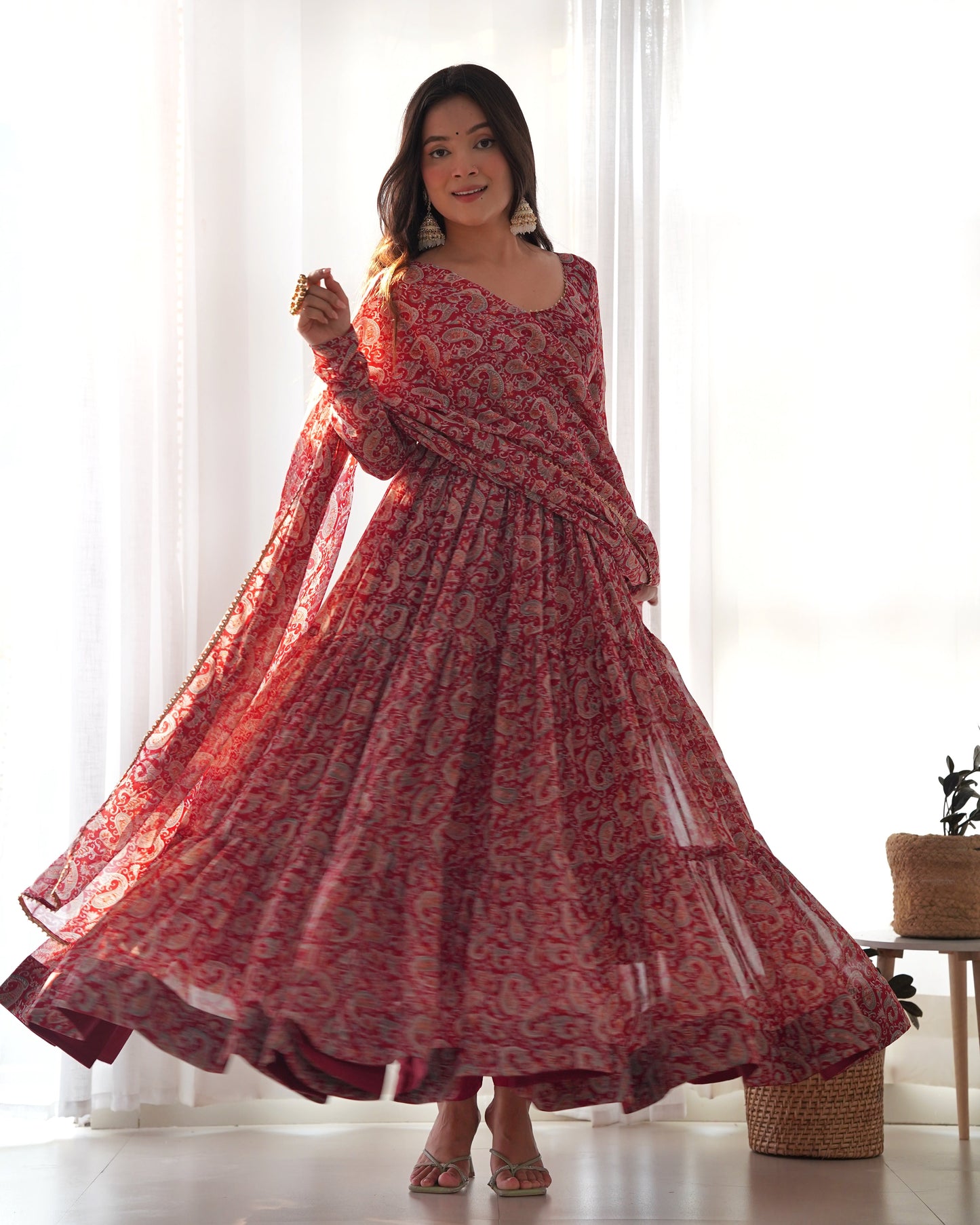 Layered Maroon Printed Anarkali Gown With Pant & Dupatta Set