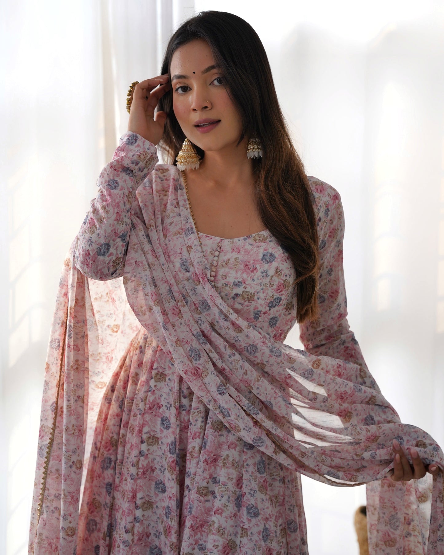 *PURE ORANGE CHIFFON FLORAL PRINT FABRIC FULLY FLAIR ANARKALI,WITH DUPPTA SET,PENT READY TO WEAR*