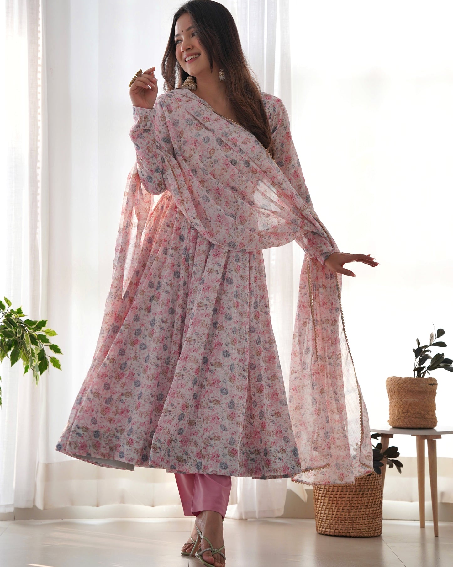 *PURE ORANGE CHIFFON FLORAL PRINT FABRIC FULLY FLAIR ANARKALI,WITH DUPPTA SET,PENT READY TO WEAR*