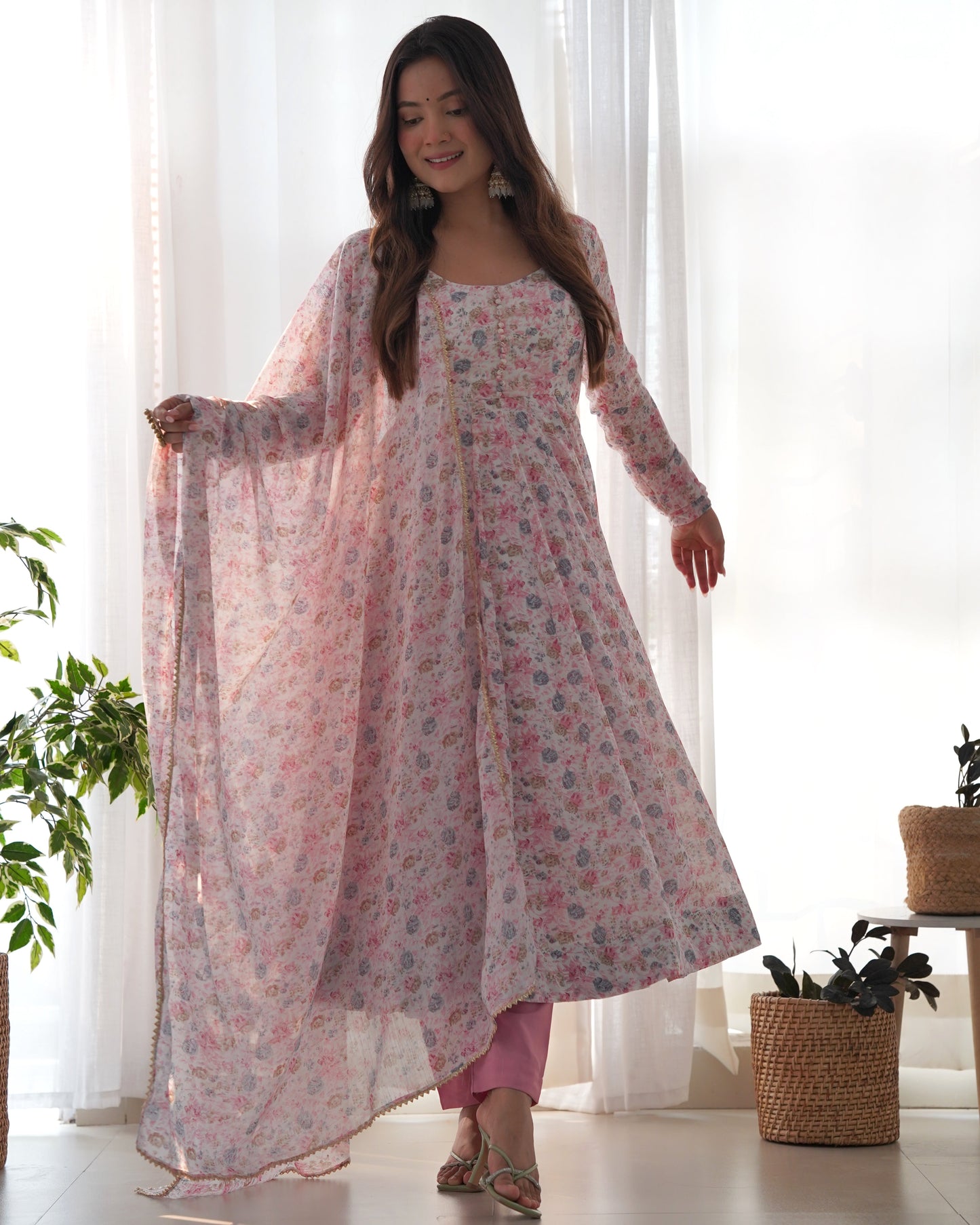 *PURE ORANGE CHIFFON FLORAL PRINT FABRIC FULLY FLAIR ANARKALI,WITH DUPPTA SET,PENT READY TO WEAR*