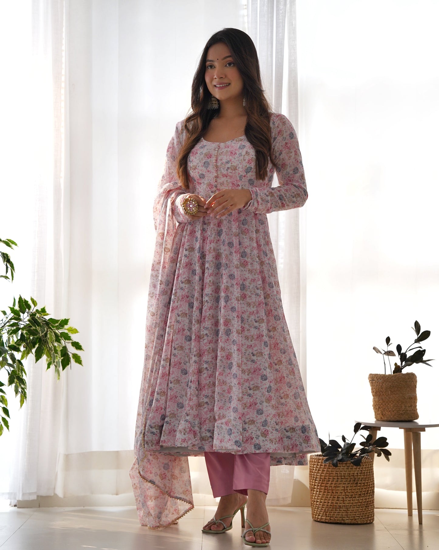 *PURE ORANGE CHIFFON FLORAL PRINT FABRIC FULLY FLAIR ANARKALI,WITH DUPPTA SET,PENT READY TO WEAR*
