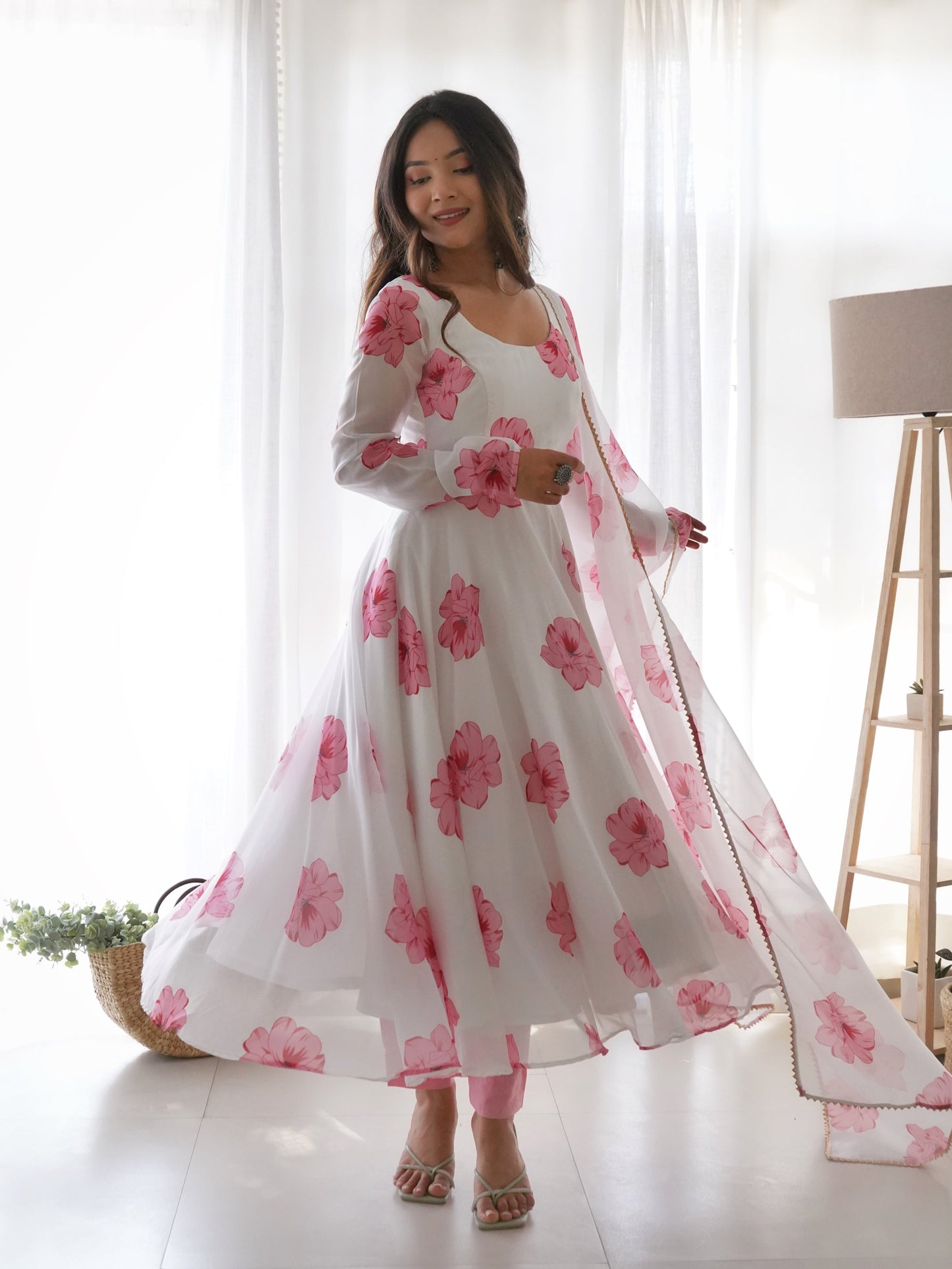 White Pink Flower Organza Printed Anarkali Kurti With Pant & Dupatta Set