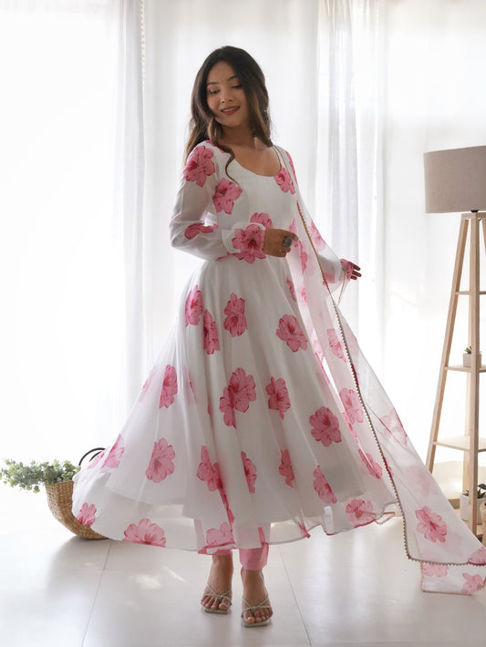 White Pink Flower Organza Printed Anarkali Kurti With Pant & Dupatta Set