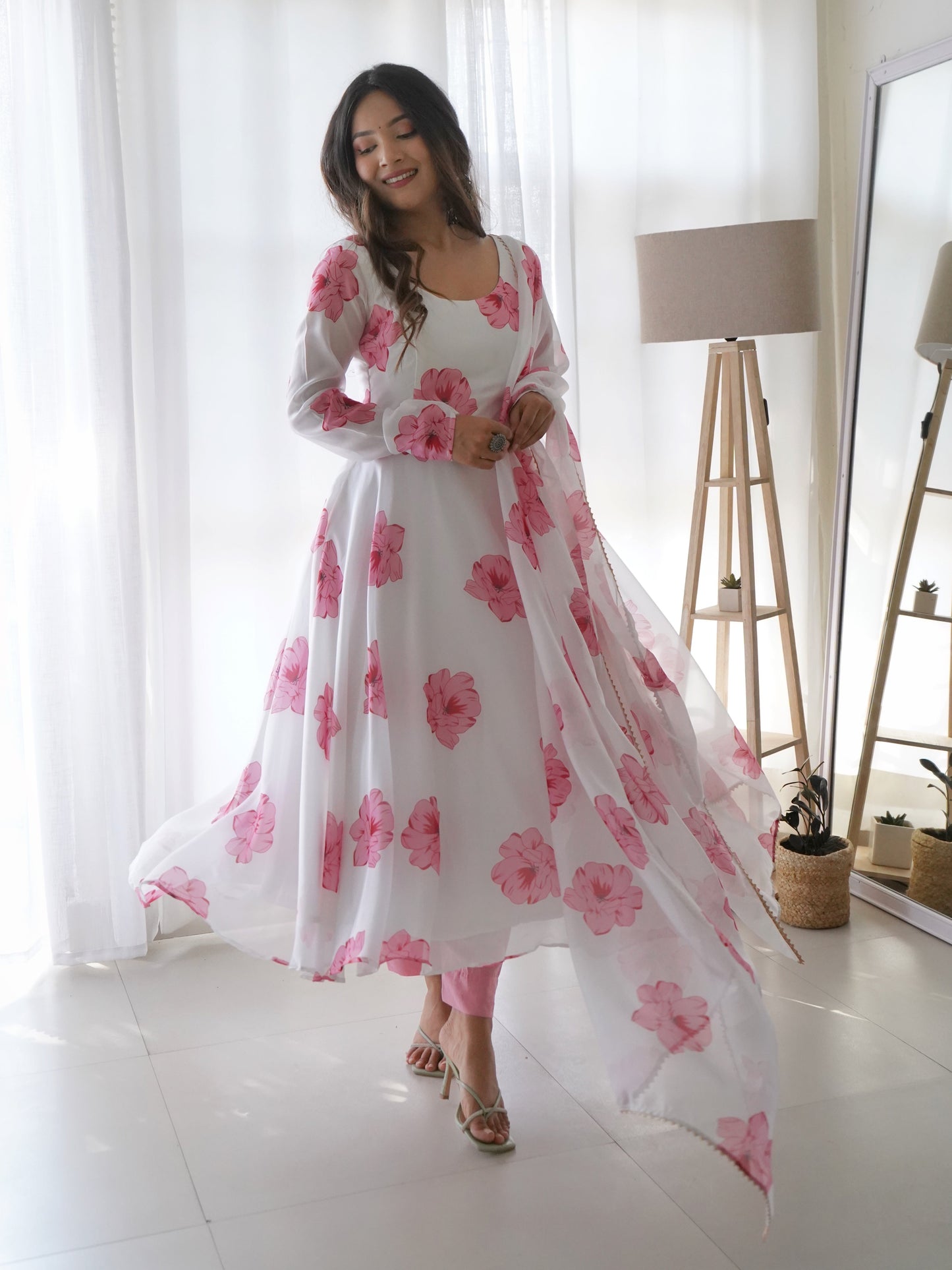 White Pink Flower Organza Printed Anarkali Kurti With Pant & Dupatta Set