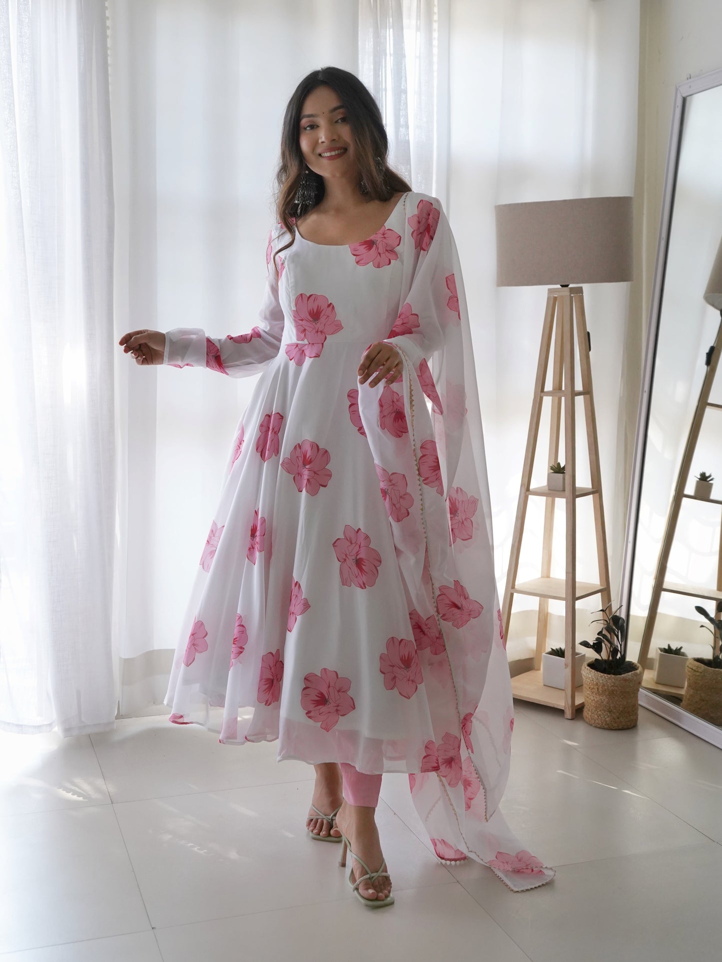 White Pink Flower Organza Printed Anarkali Kurti With Pant & Dupatta Set