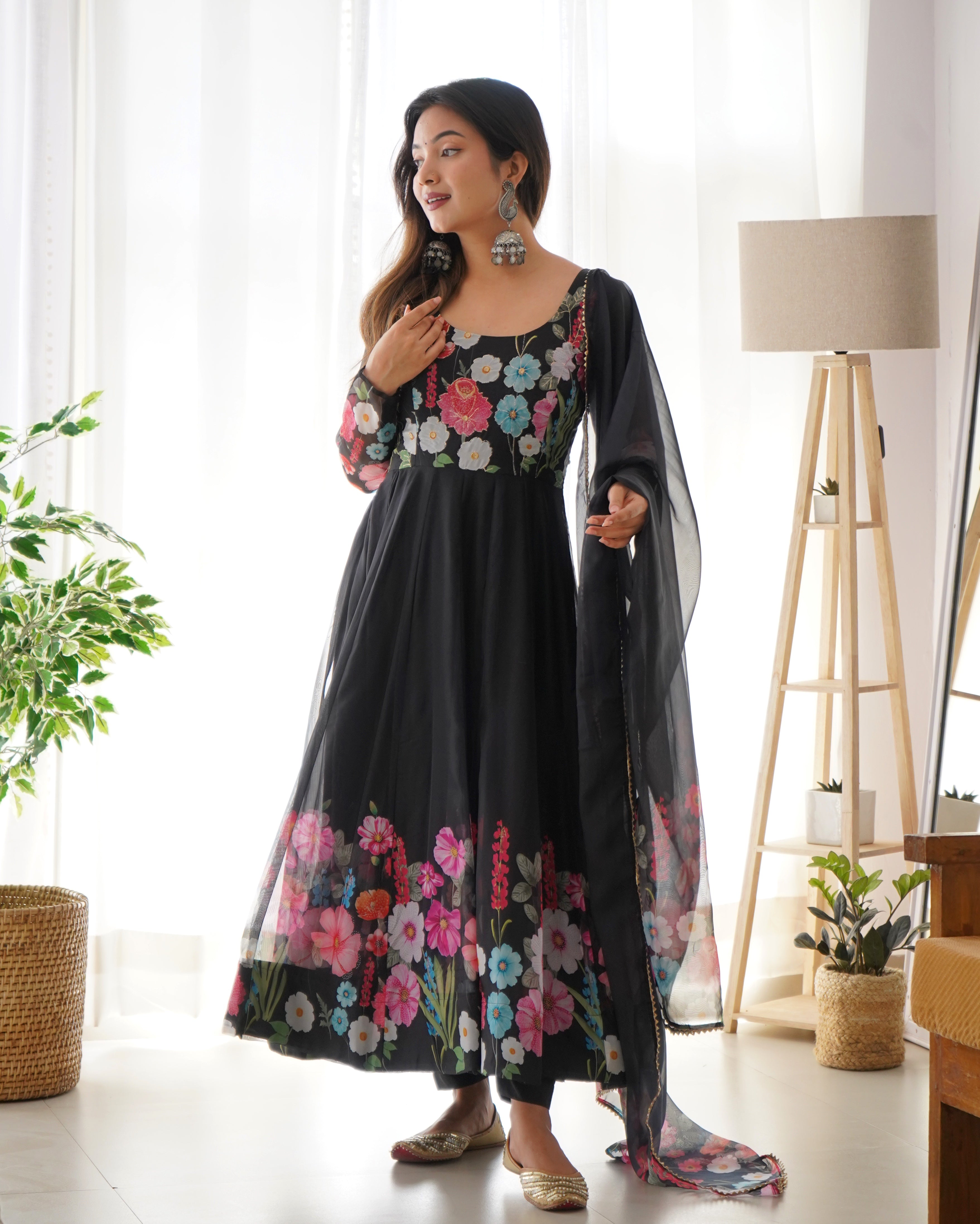 Flower Black Printed Anarkali Gown With Pant & Dupatta Set