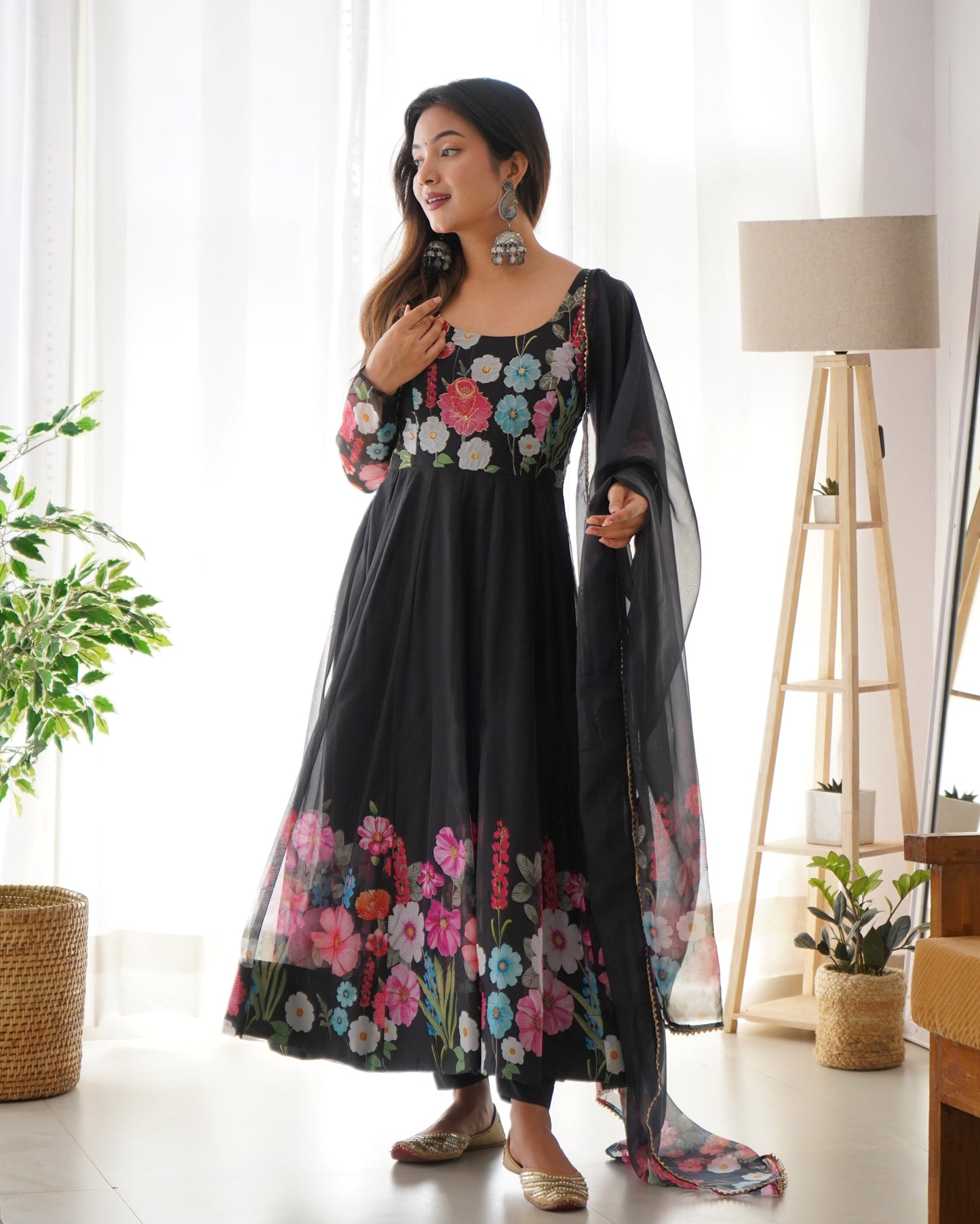 Flower Black Printed Anarkali Gown With Pant & Dupatta Set