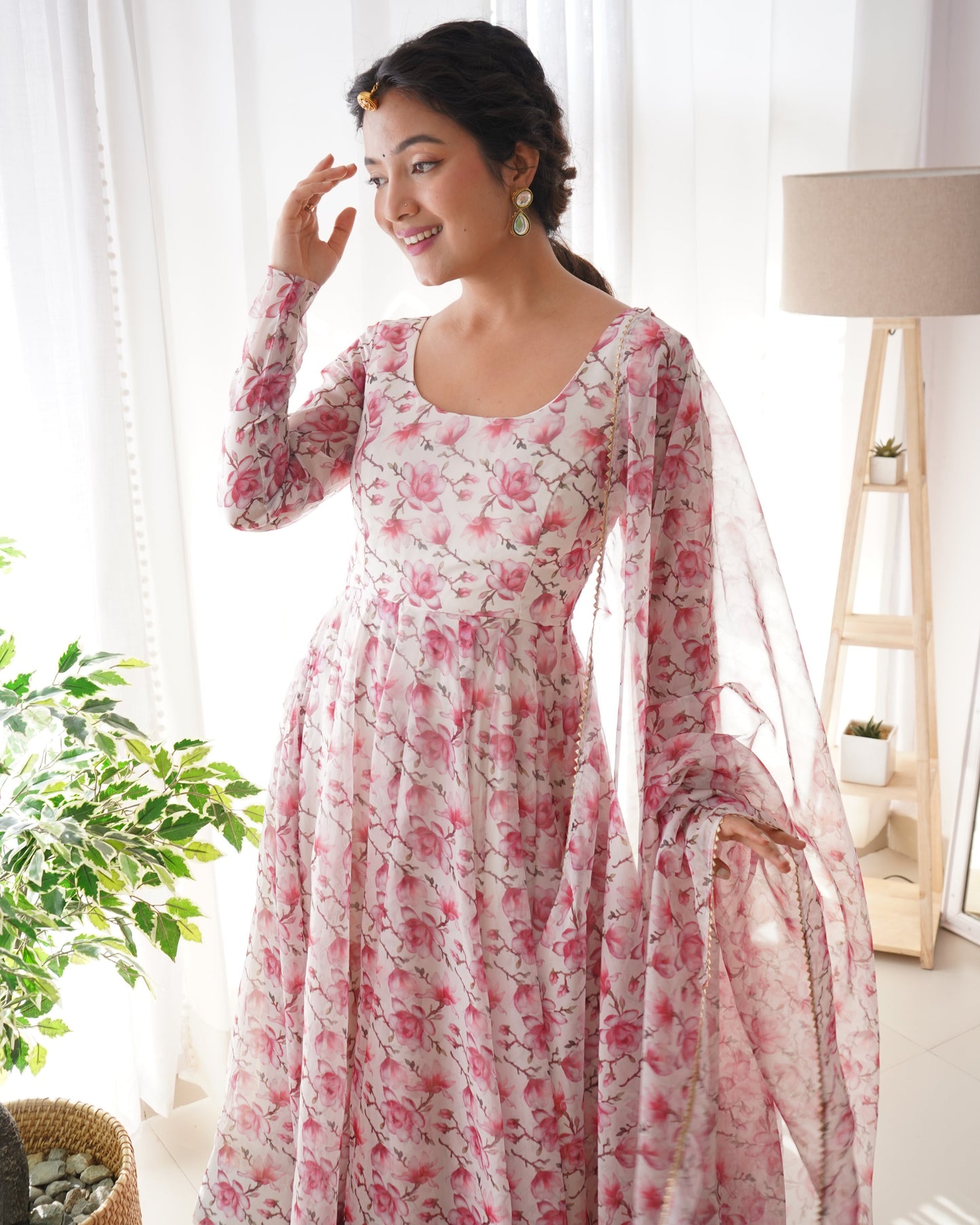 Pink Fulwari Organza Printed Anarkali Kurti With Pant & Dupatta Set