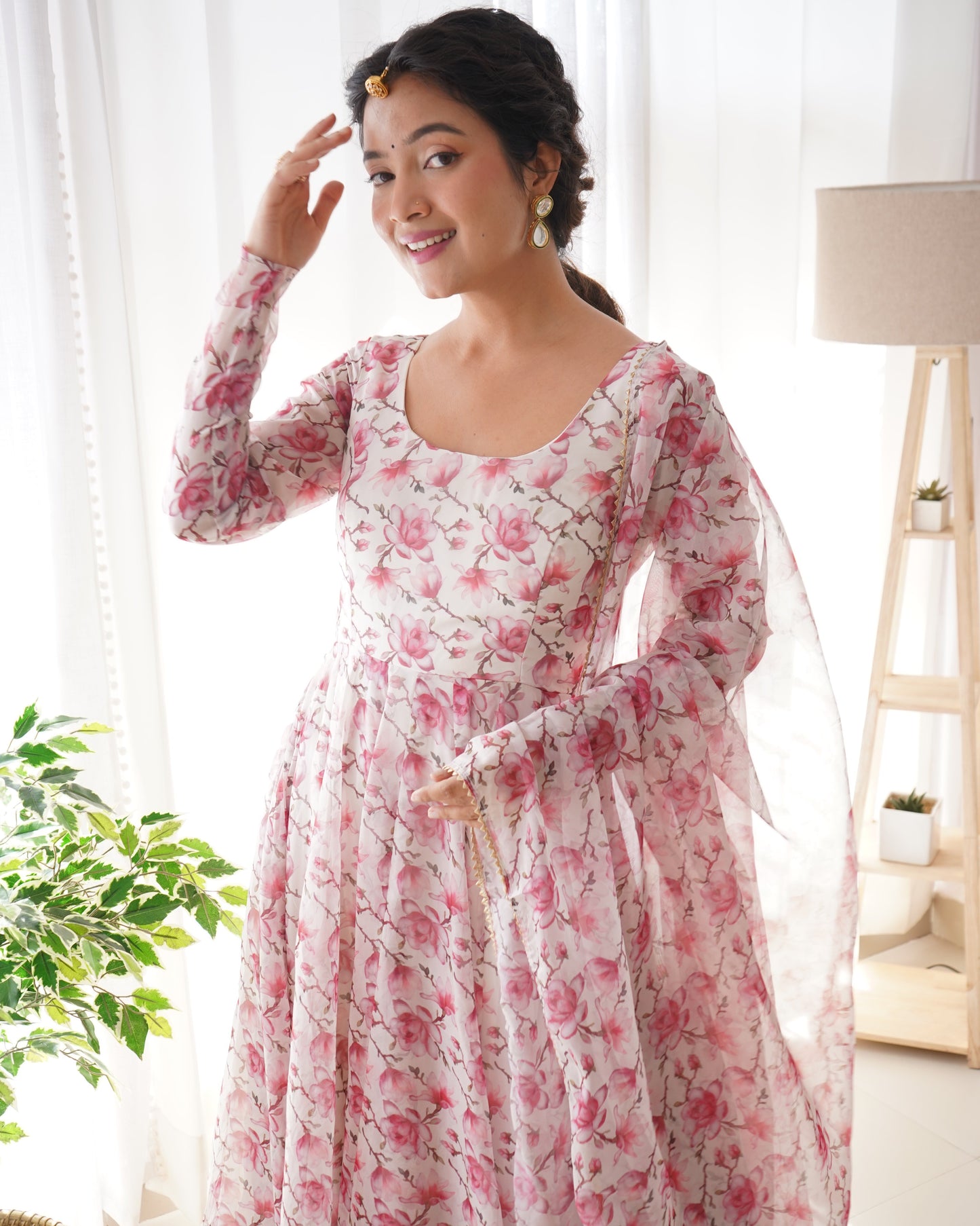 Pink Fulwari Organza Printed Anarkali Kurti With Pant & Dupatta Set