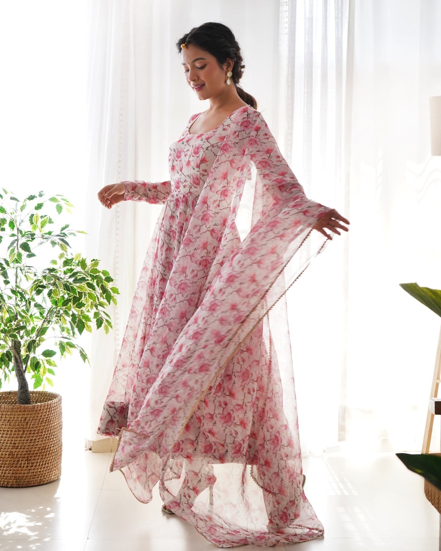 Pink Fulwari Organza Printed Anarkali Kurti With Pant & Dupatta Set