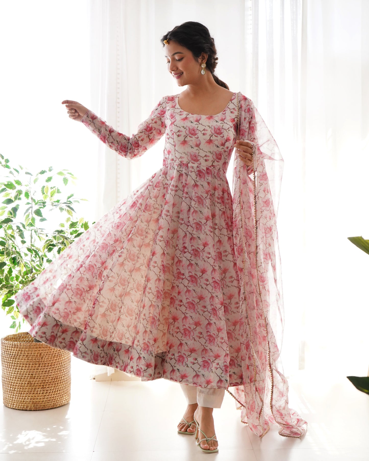 Pink Fulwari Organza Printed Anarkali Kurti With Pant & Dupatta Set