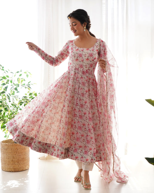 Pink Fulwari Organza Printed Anarkali Kurti With Pant & Dupatta Set