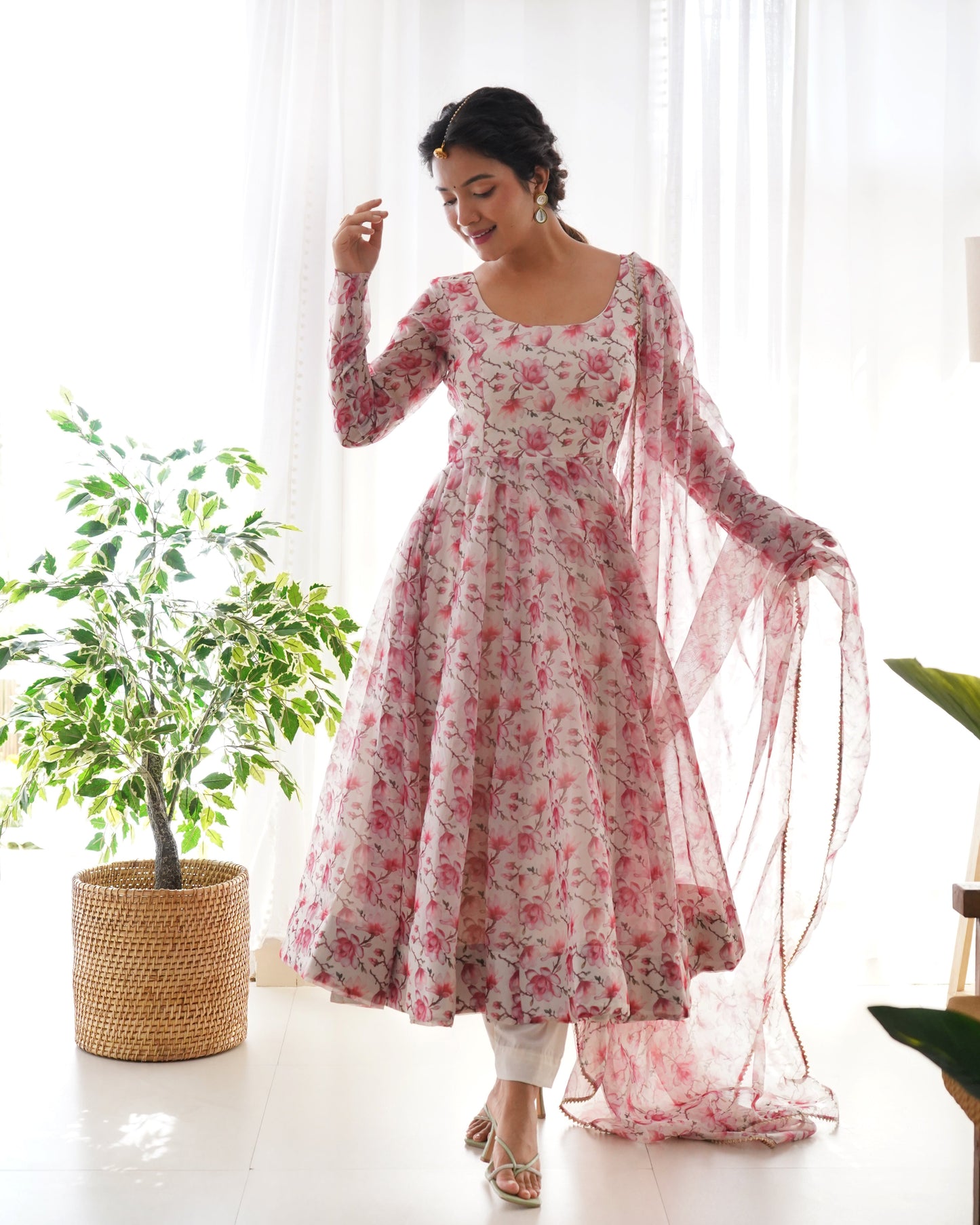 Pink Fulwari Organza Printed Anarkali Kurti With Pant & Dupatta Set
