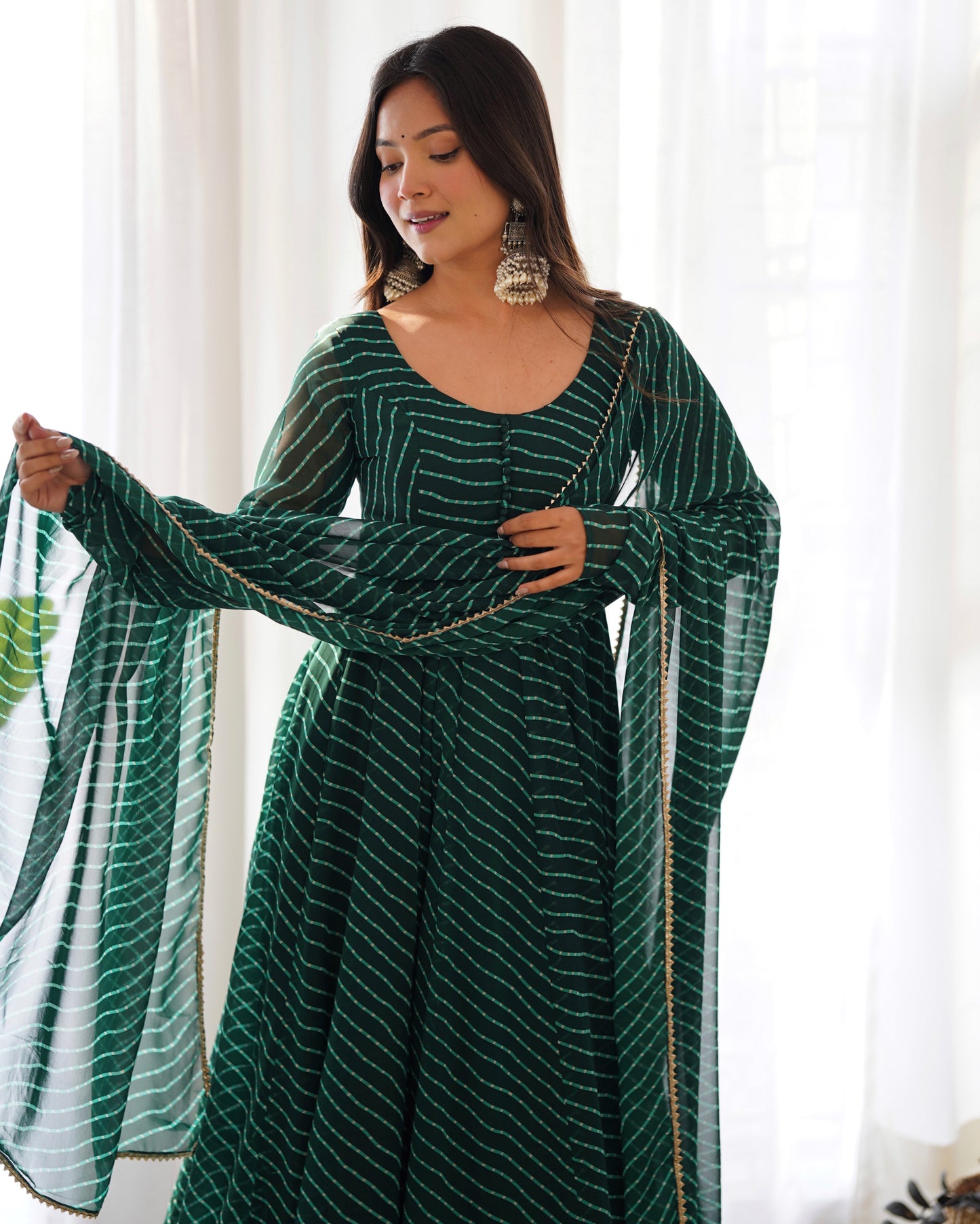 PURE FOX GEORGETTE LAHERIYA PRINT FABRIC FULLY FLAIR ANARKALI,WITH DUPPTA SET,PENT READY TO WEAR