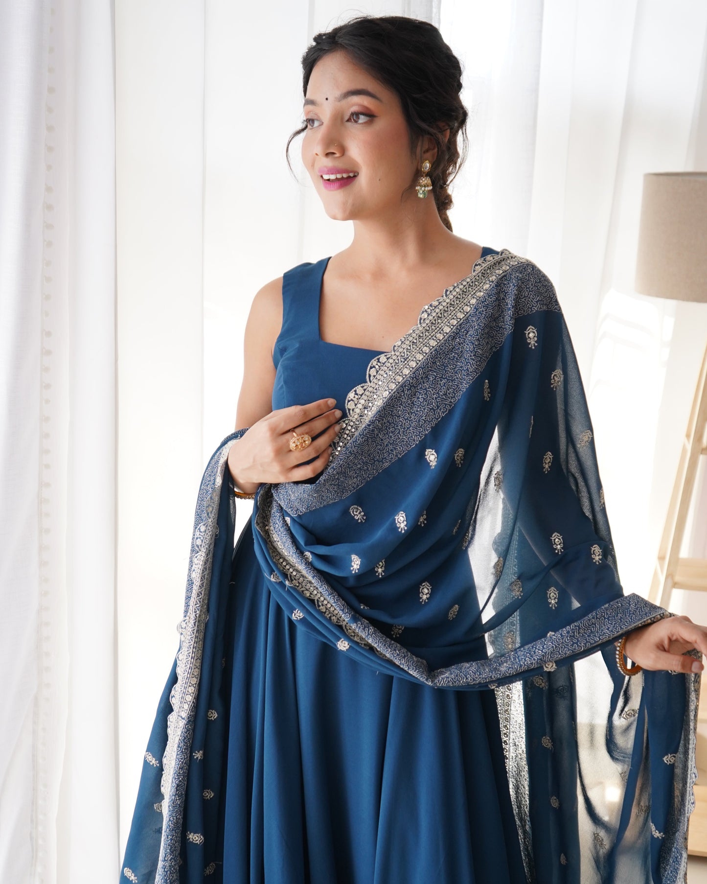 Rama Blue Anarkali Georgette Gown With Golden Dupatta Set