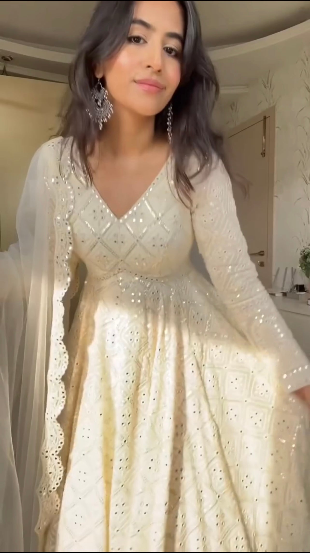 WHITE EMBROIDERED GEORGETTE ANARKALI FULLY STITCHED SUIT SET