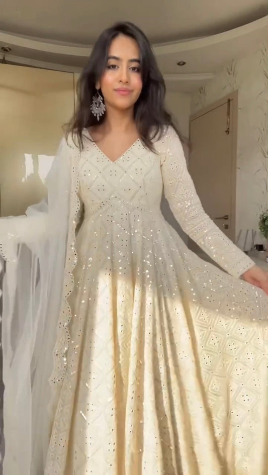 WHITE EMBROIDERED GEORGETTE ANARKALI FULLY STITCHED SUIT SET