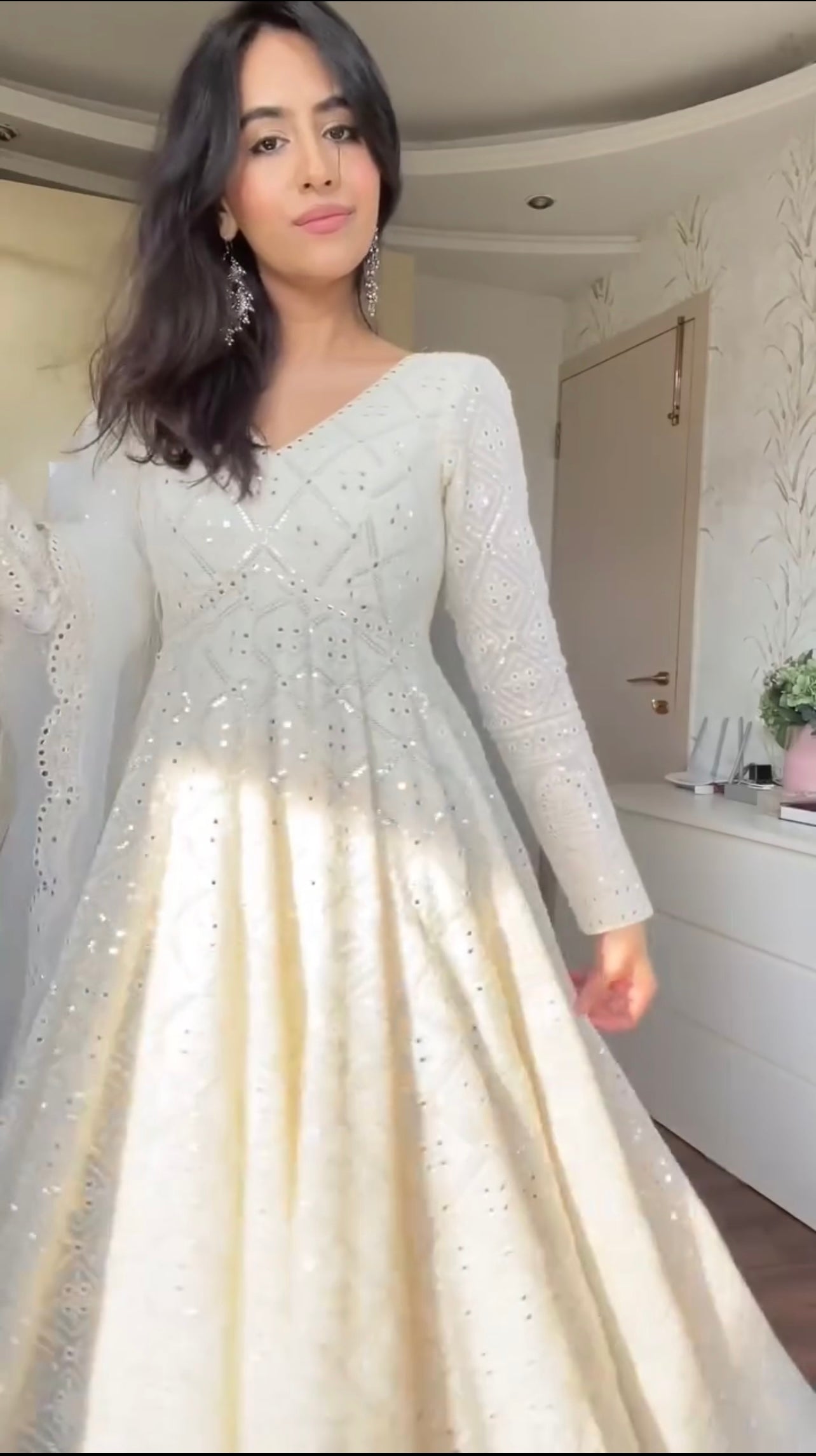 WHITE EMBROIDERED GEORGETTE ANARKALI FULLY STITCHED SUIT SET