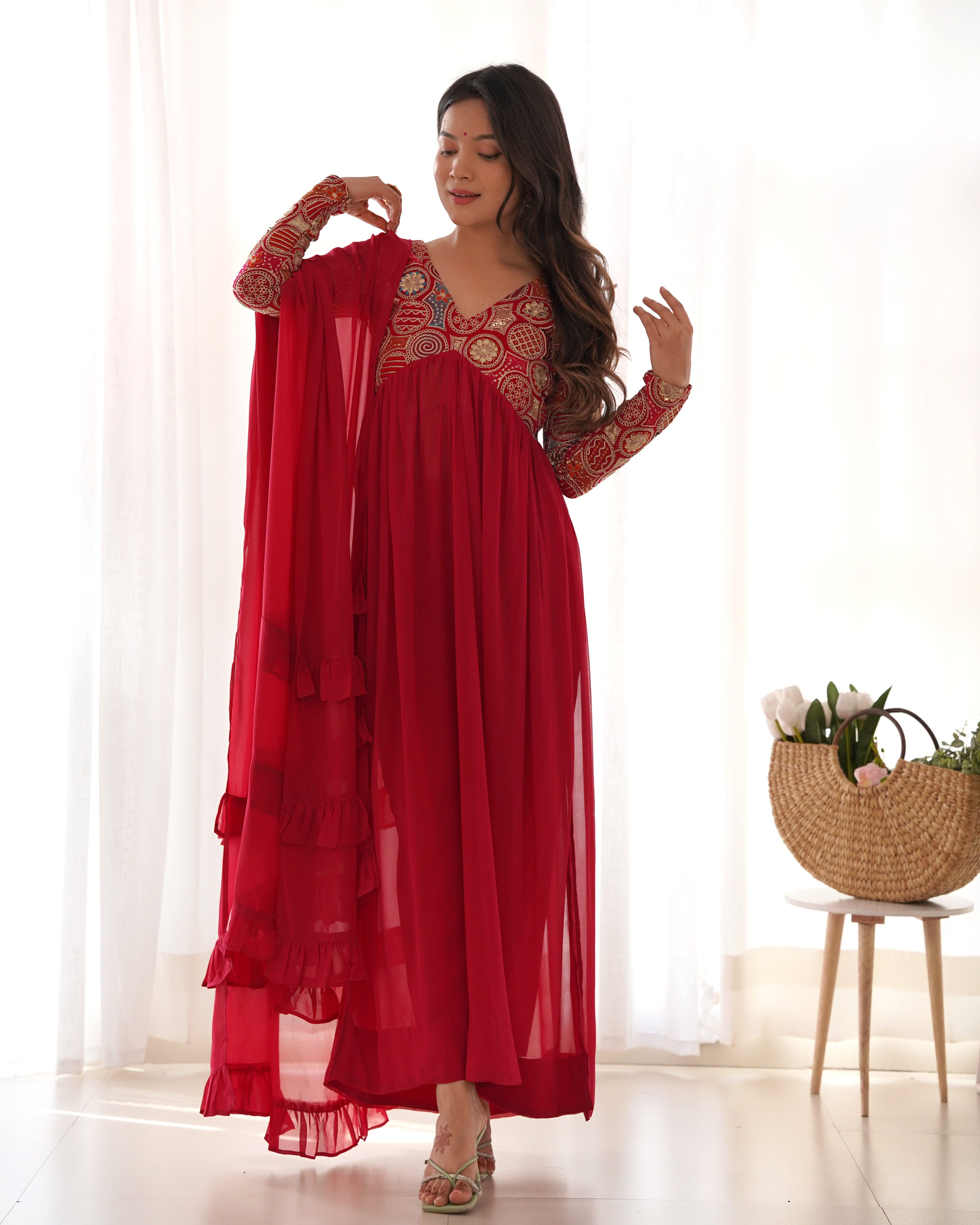 Red Designer Anarkali Gown With Pant & Dupatta Set