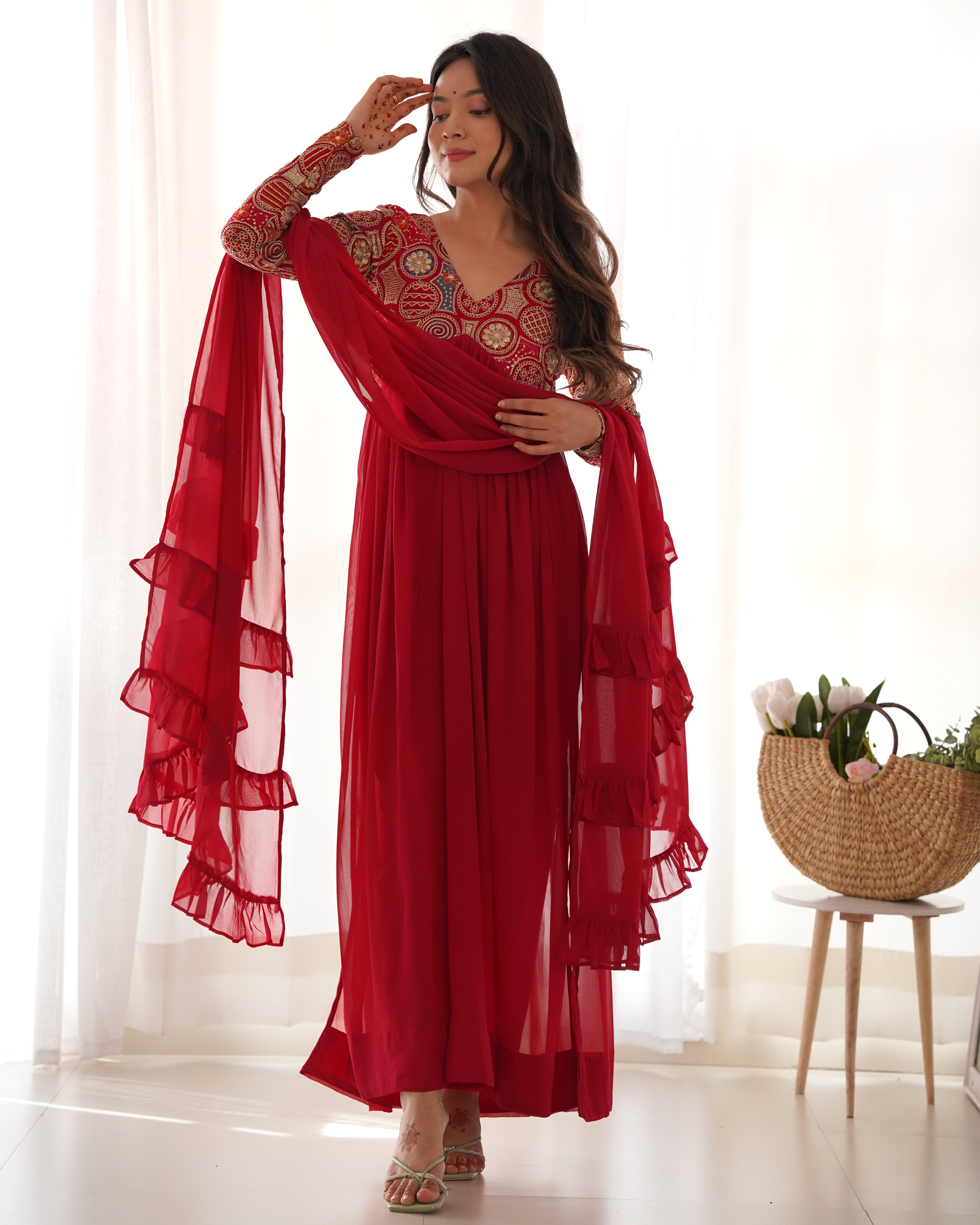 Red Designer Anarkali Gown With Pant & Dupatta Set