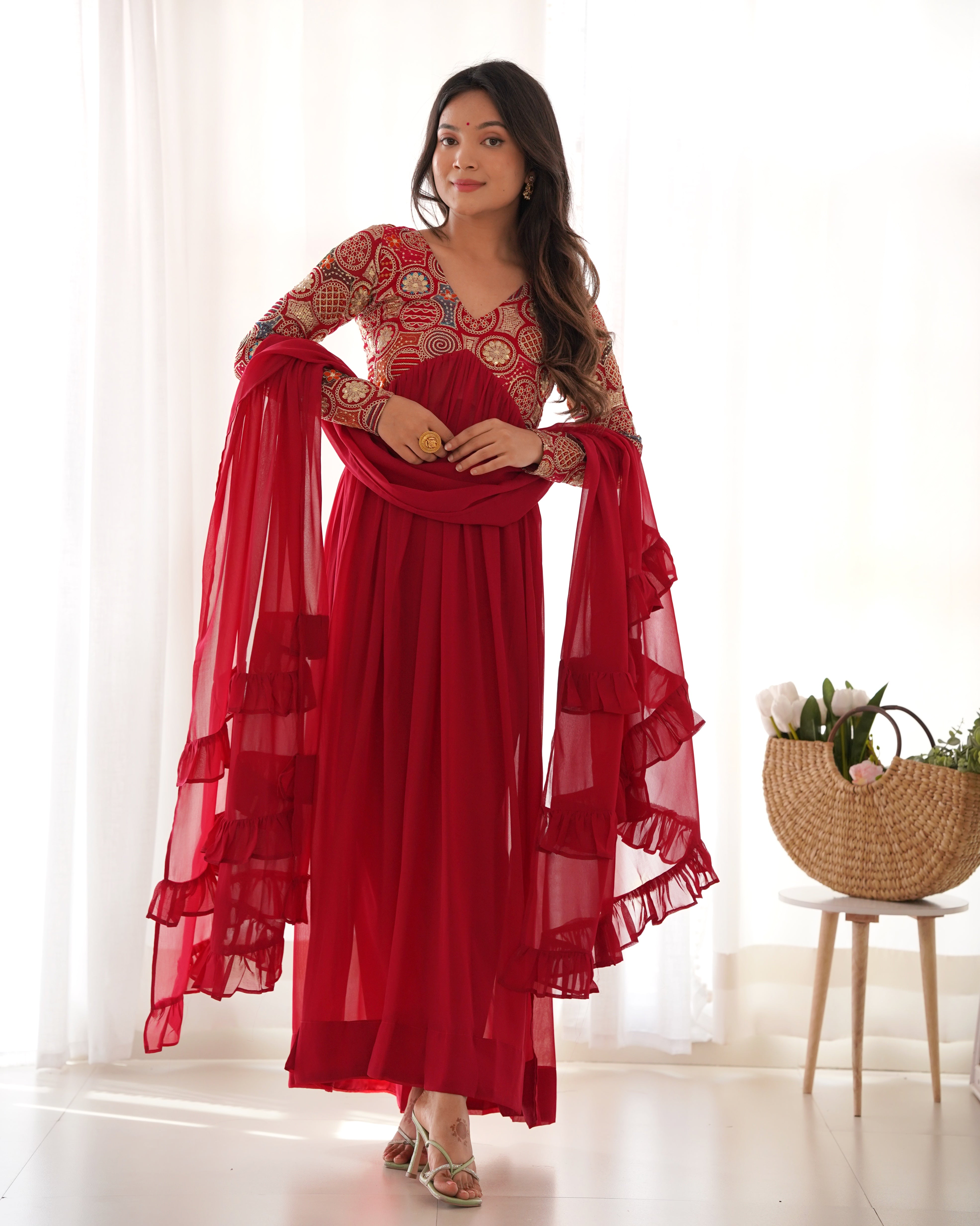 Red Designer Anarkali Gown With Pant & Dupatta Set