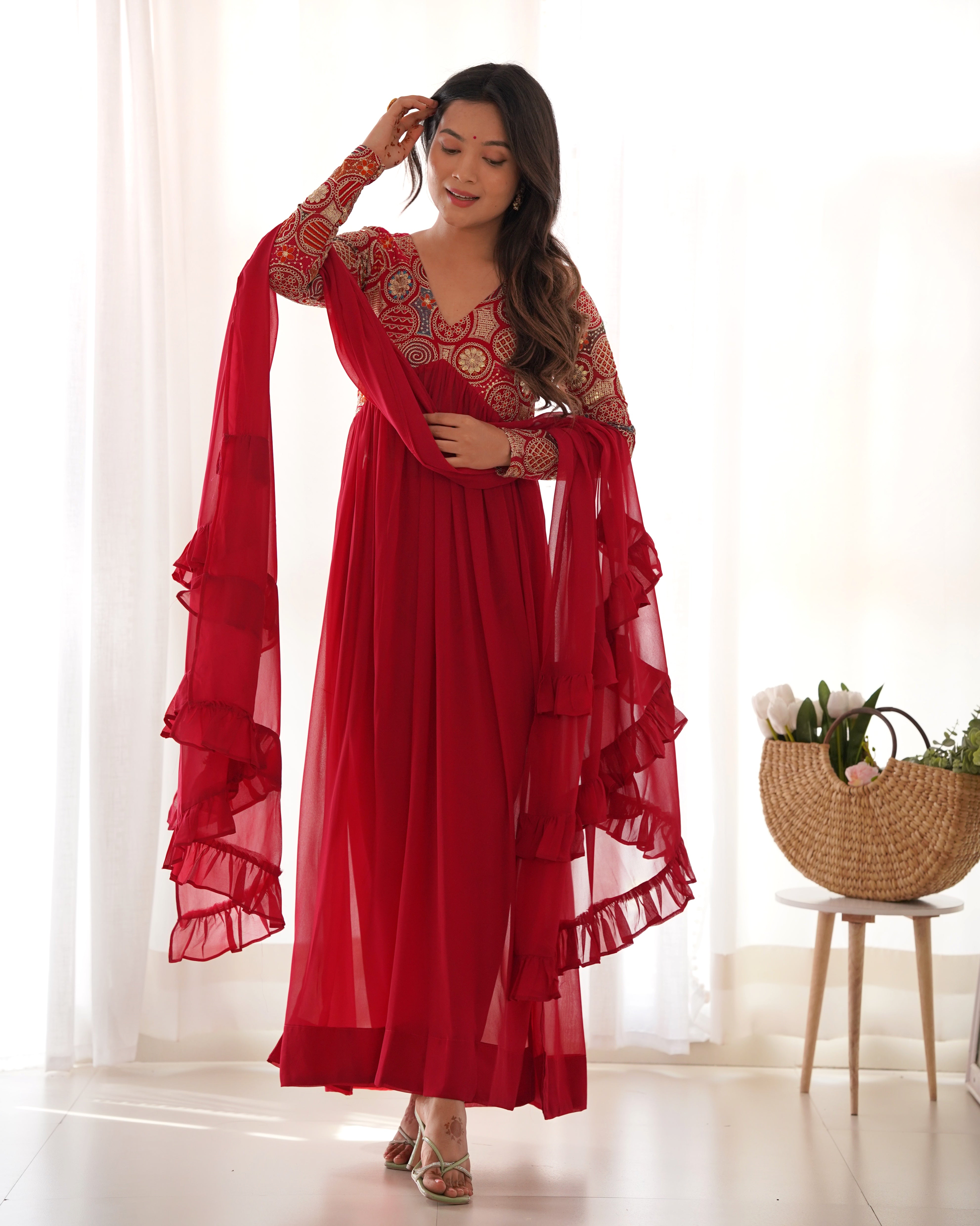 Red Designer Anarkali Gown With Pant & Dupatta Set
