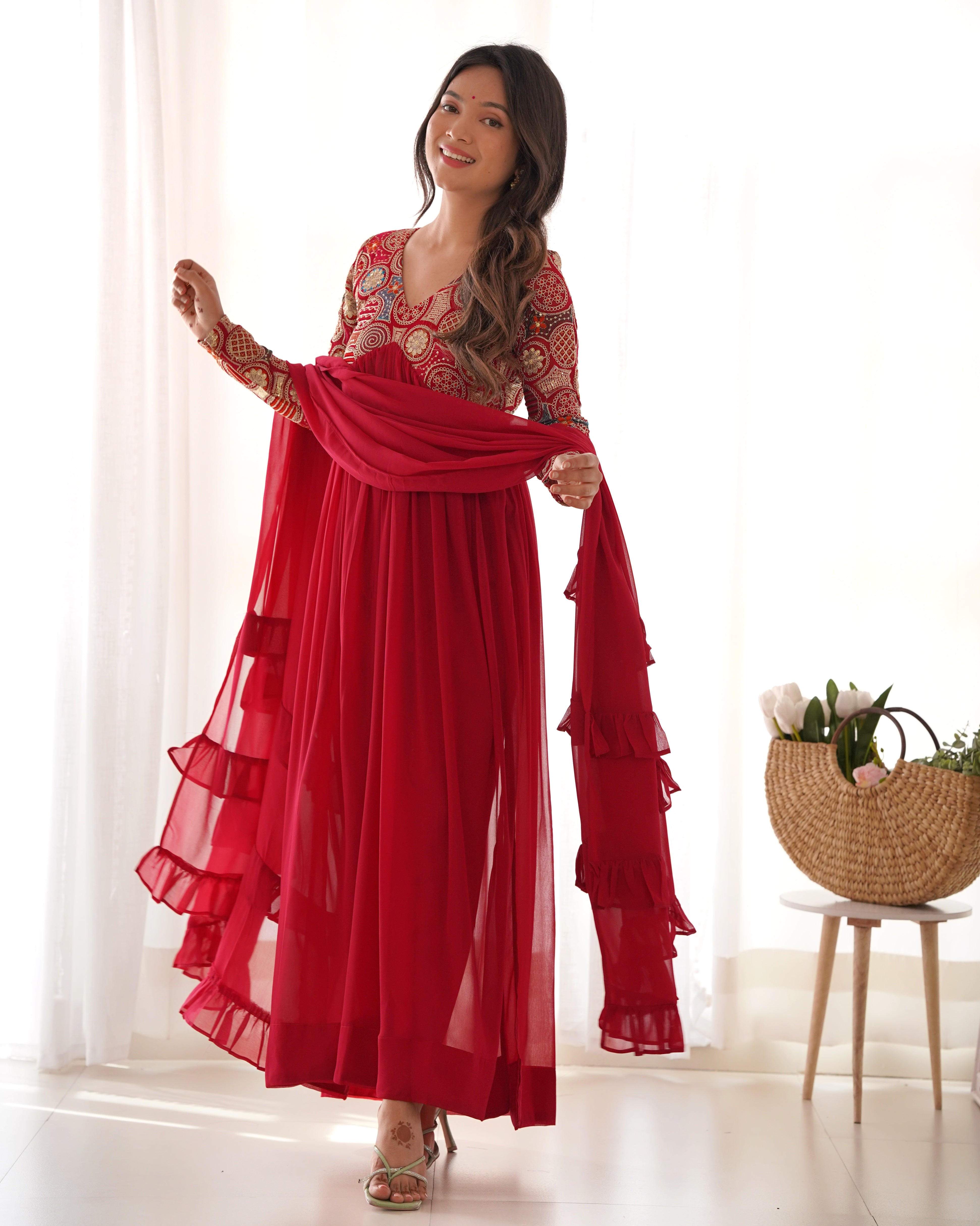 Red Designer Anarkali Gown With Pant & Dupatta Set
