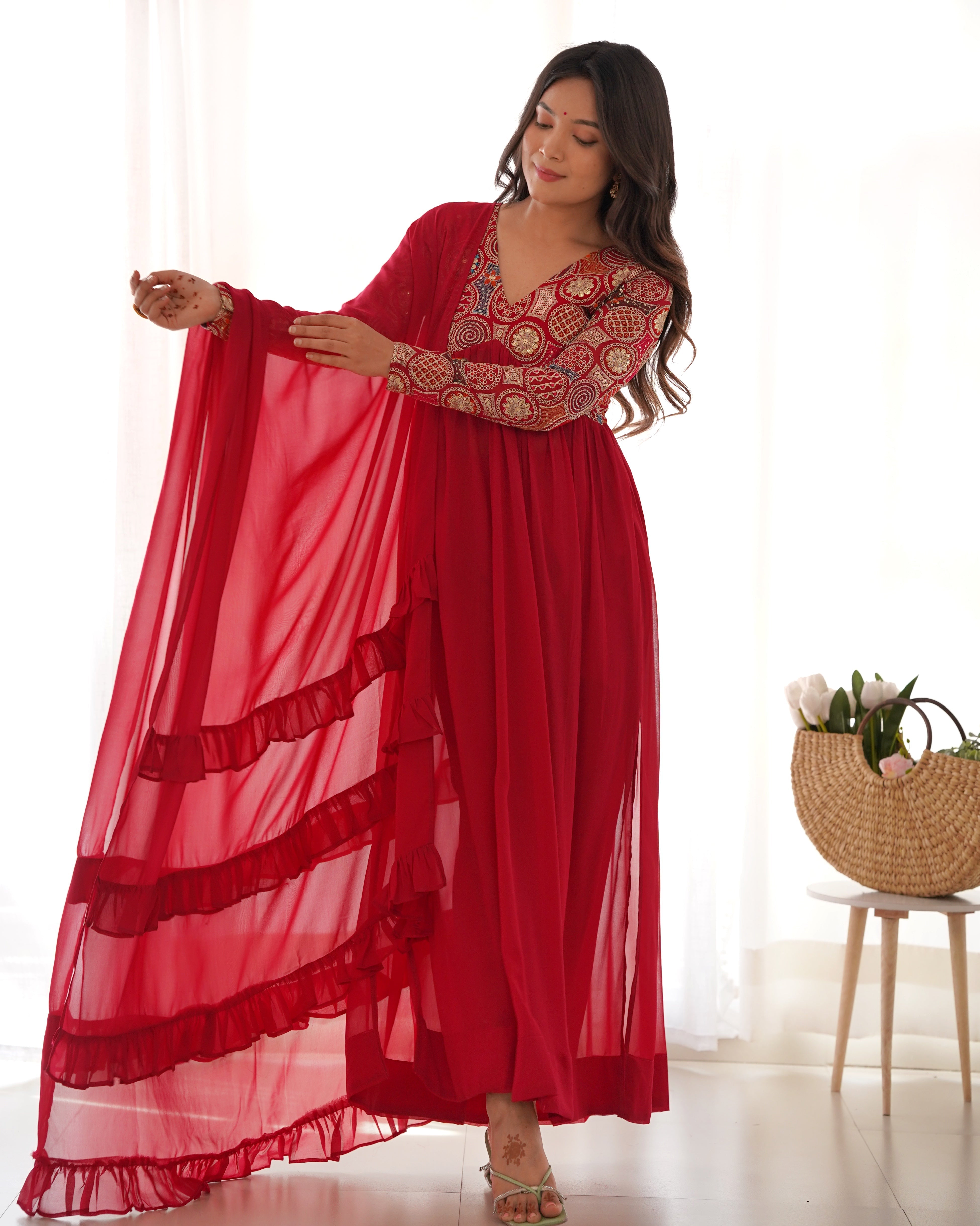 Red Designer Anarkali Gown With Pant & Dupatta Set