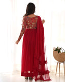Red Designer Anarkali Gown With Pant & Dupatta Set