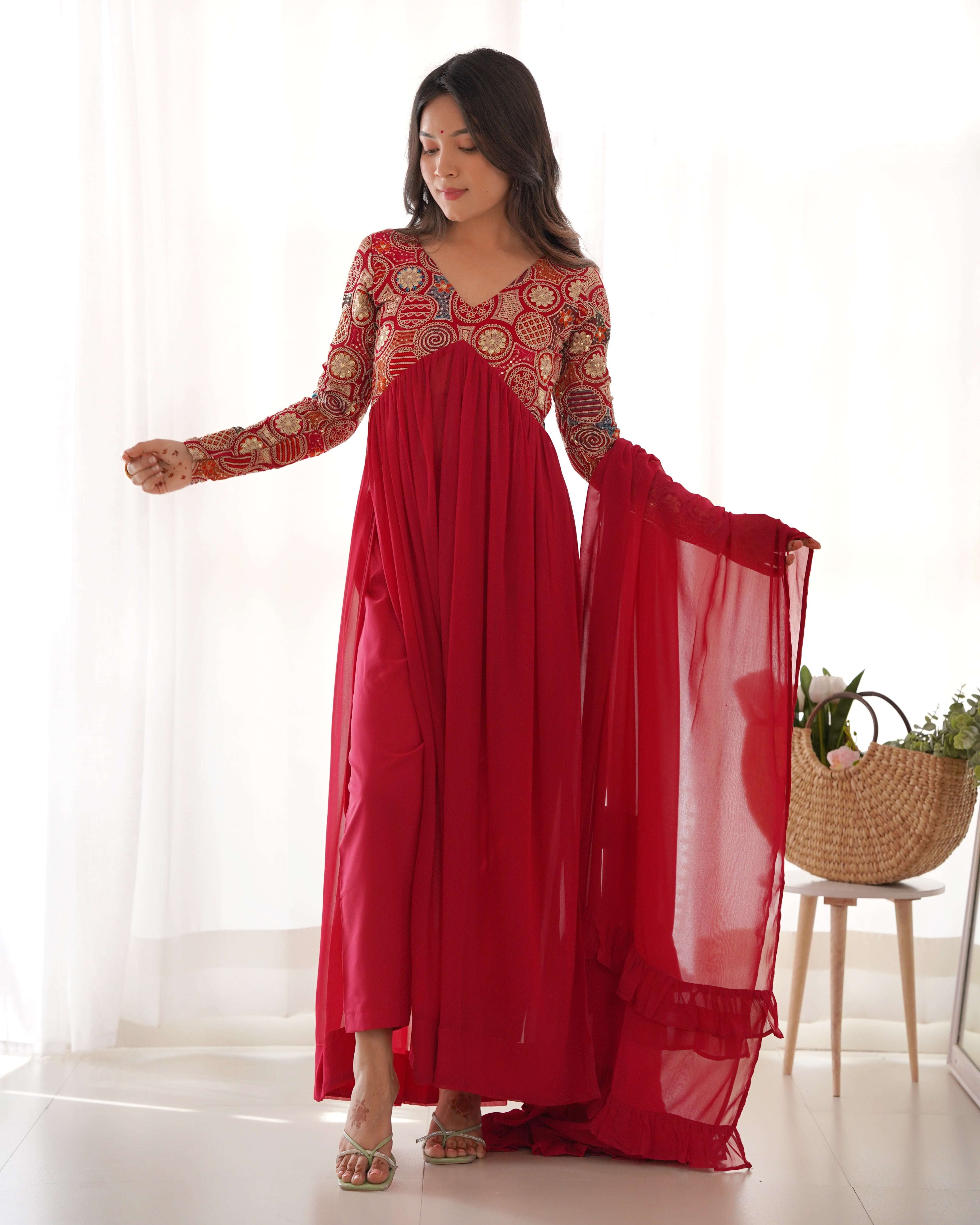 Red Designer Anarkali Gown With Pant & Dupatta Set