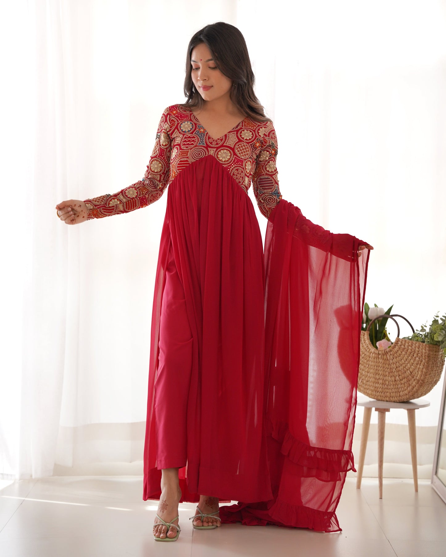 Red Designer Anarkali Gown With Pant & Dupatta Set