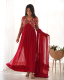 Red Designer Anarkali Gown With Pant & Dupatta Set