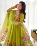 Flower Green Printed Anarkali Gown With Pant & Dupatta Set