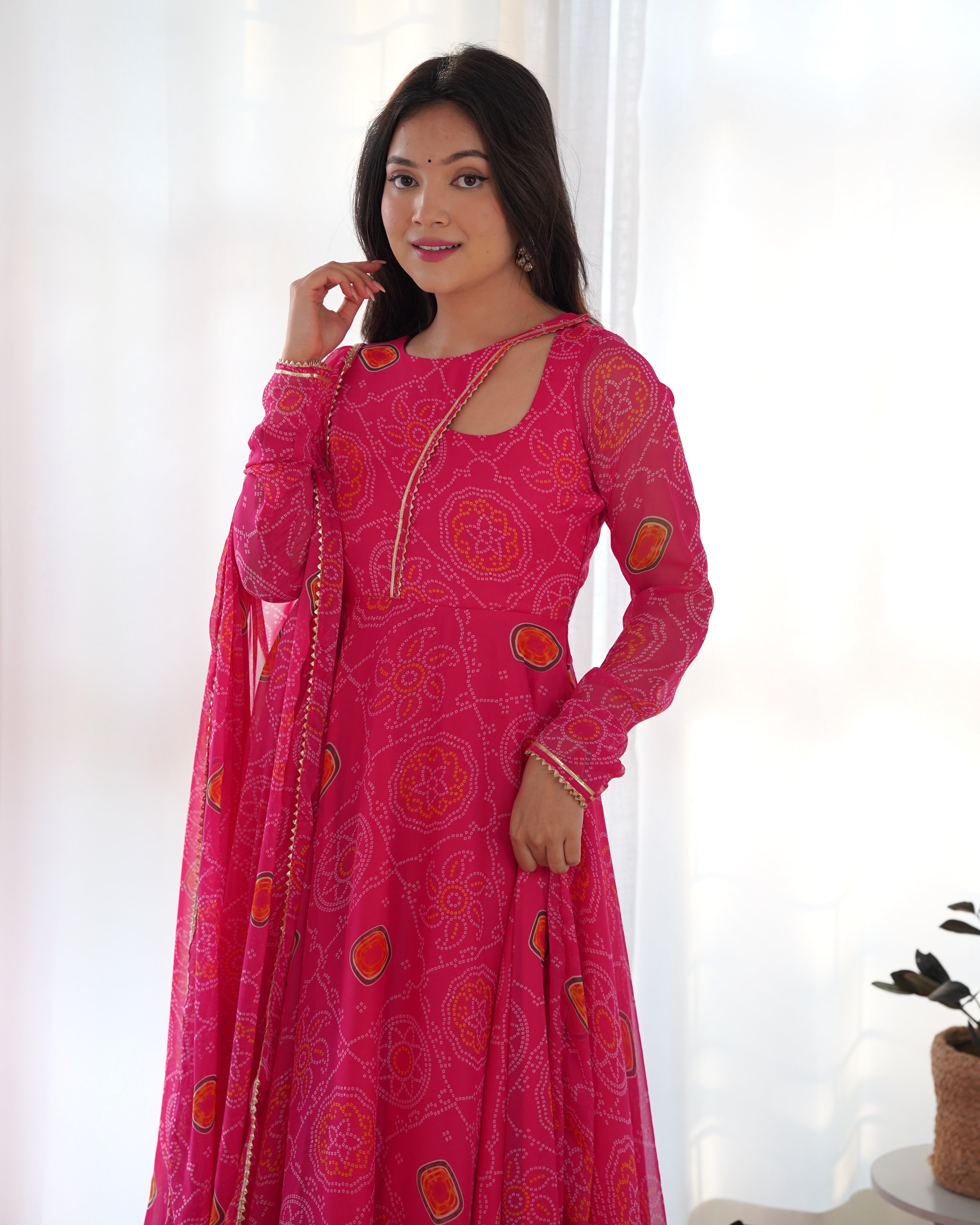 Neck Bandhej Chiffon Printed Anarkali Kurti With Pant & Dupatta Set