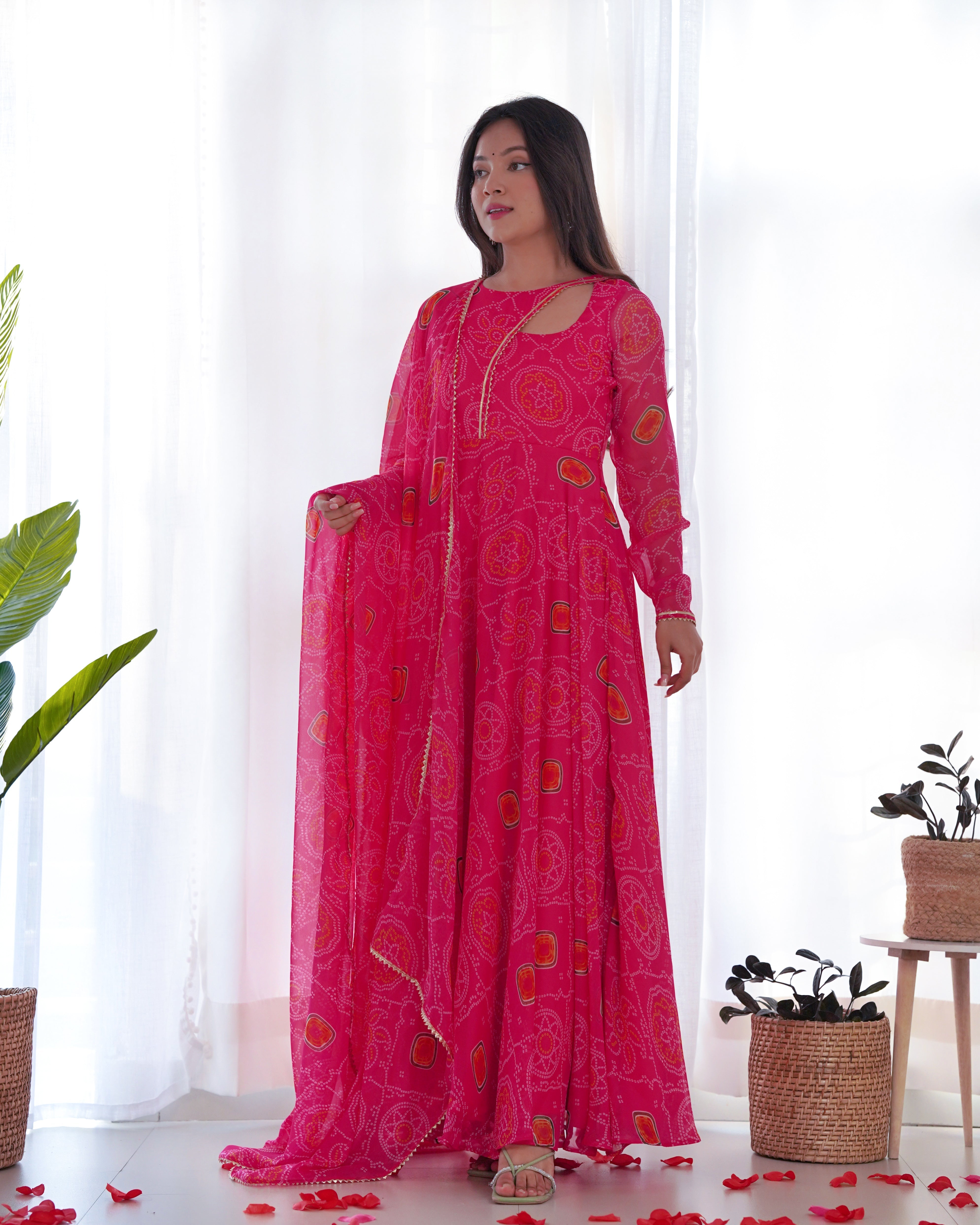 Neck Bandhej Chiffon Printed Anarkali Kurti With Pant & Dupatta Set