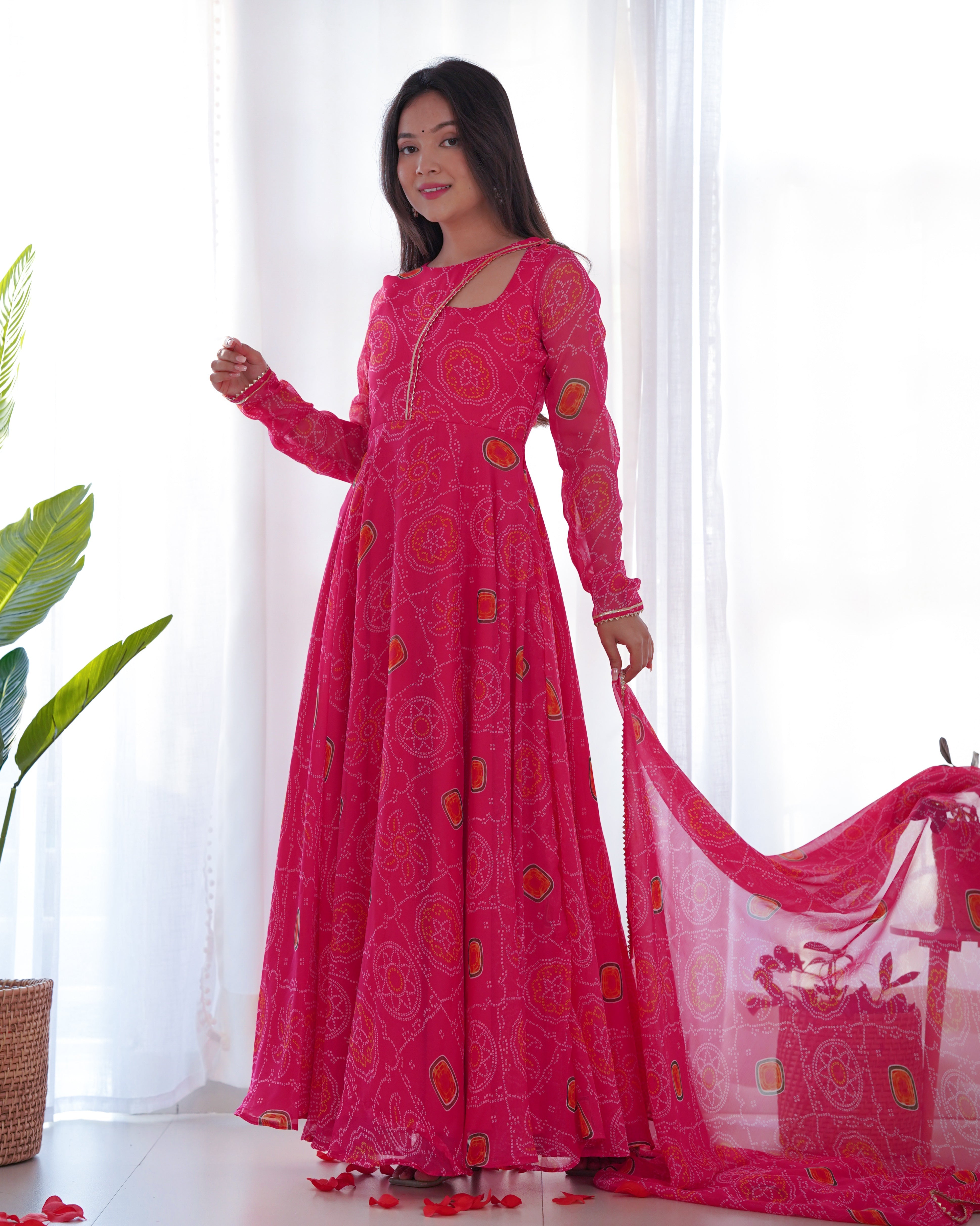 Neck Bandhej Chiffon Printed Anarkali Kurti With Pant & Dupatta Set
