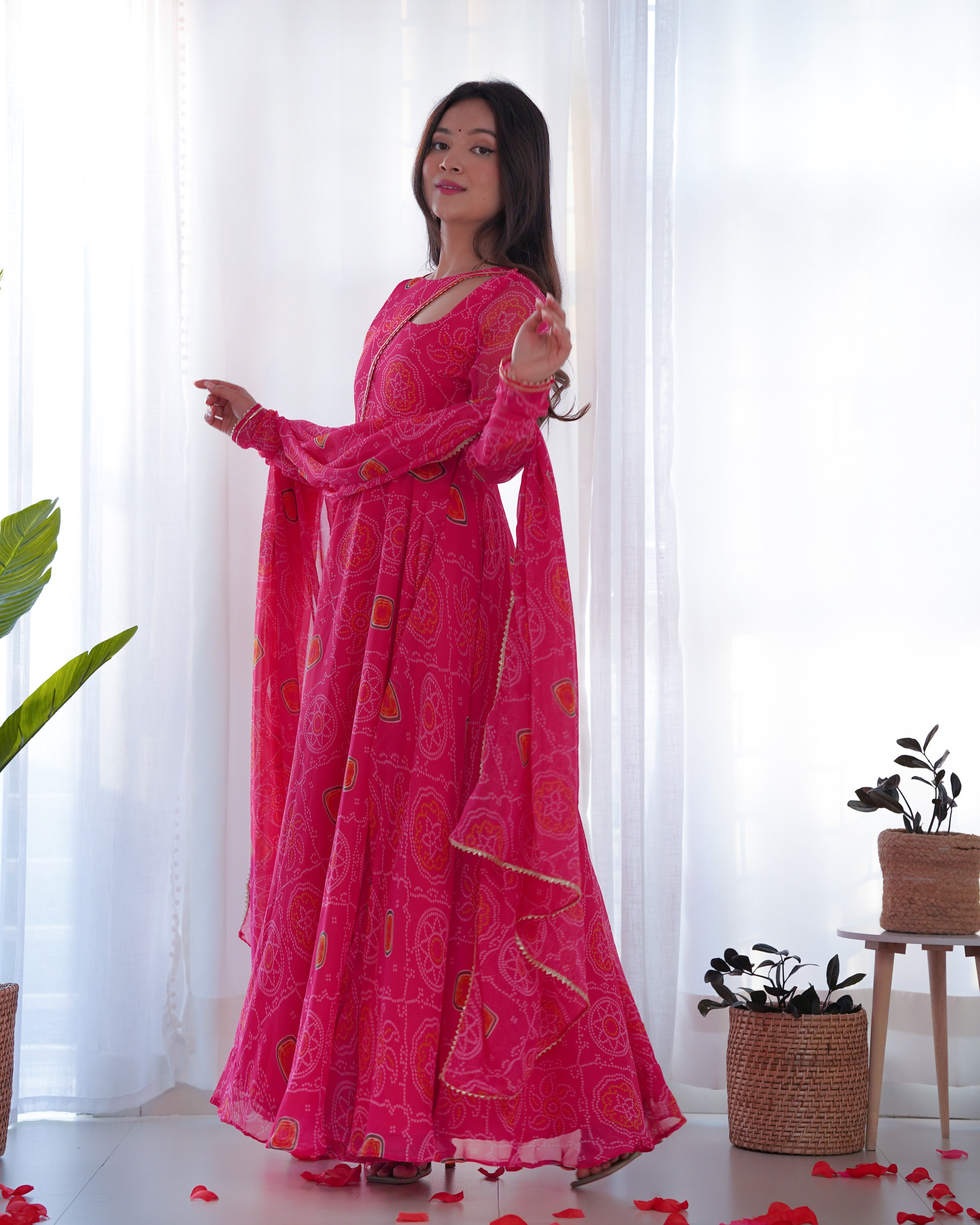 Neck Bandhej Chiffon Printed Anarkali Kurti With Pant & Dupatta Set