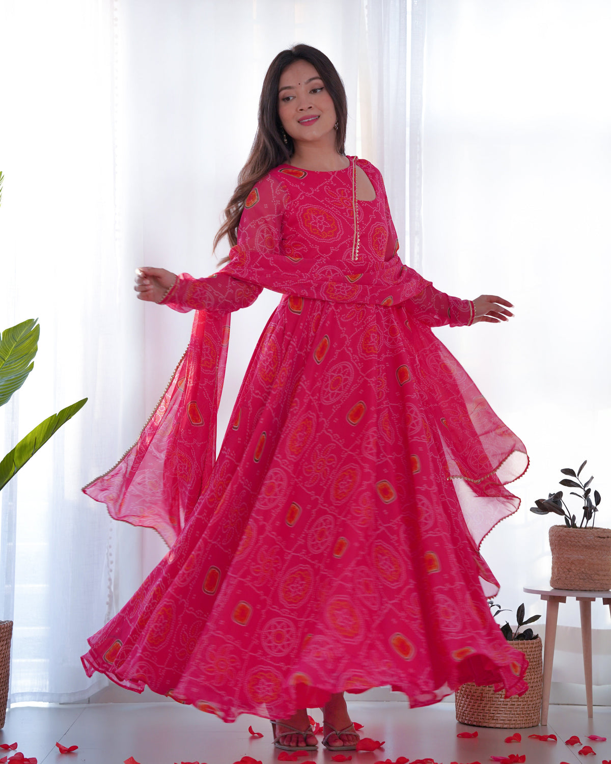 Neck Bandhej Chiffon Printed Anarkali Kurti With Pant & Dupatta Set