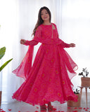Neck Bandhej Chiffon Printed Anarkali Kurti With Pant & Dupatta Set