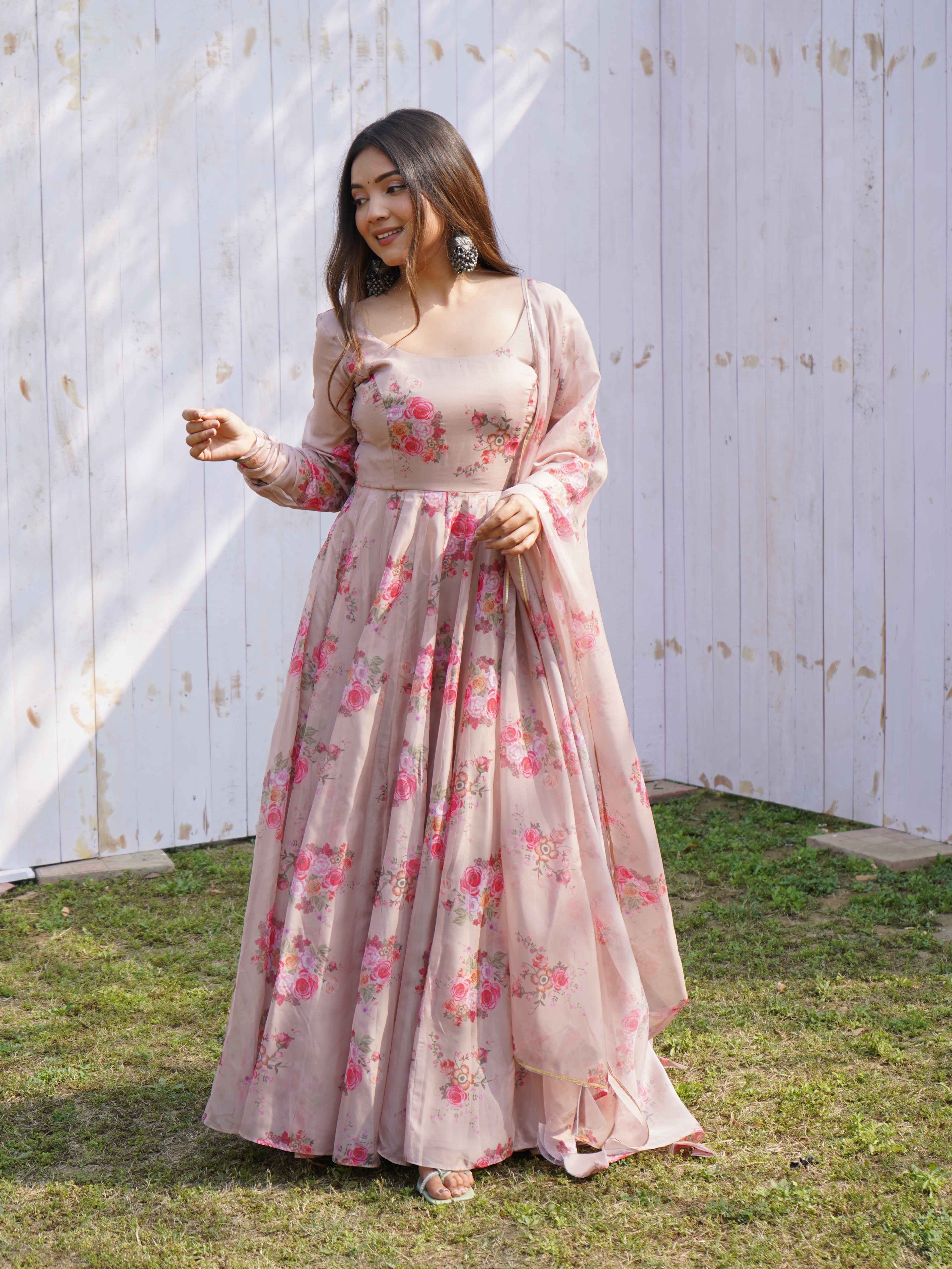 Beige Organza Printed Anarkali Gown With Pant & Dupatta Set