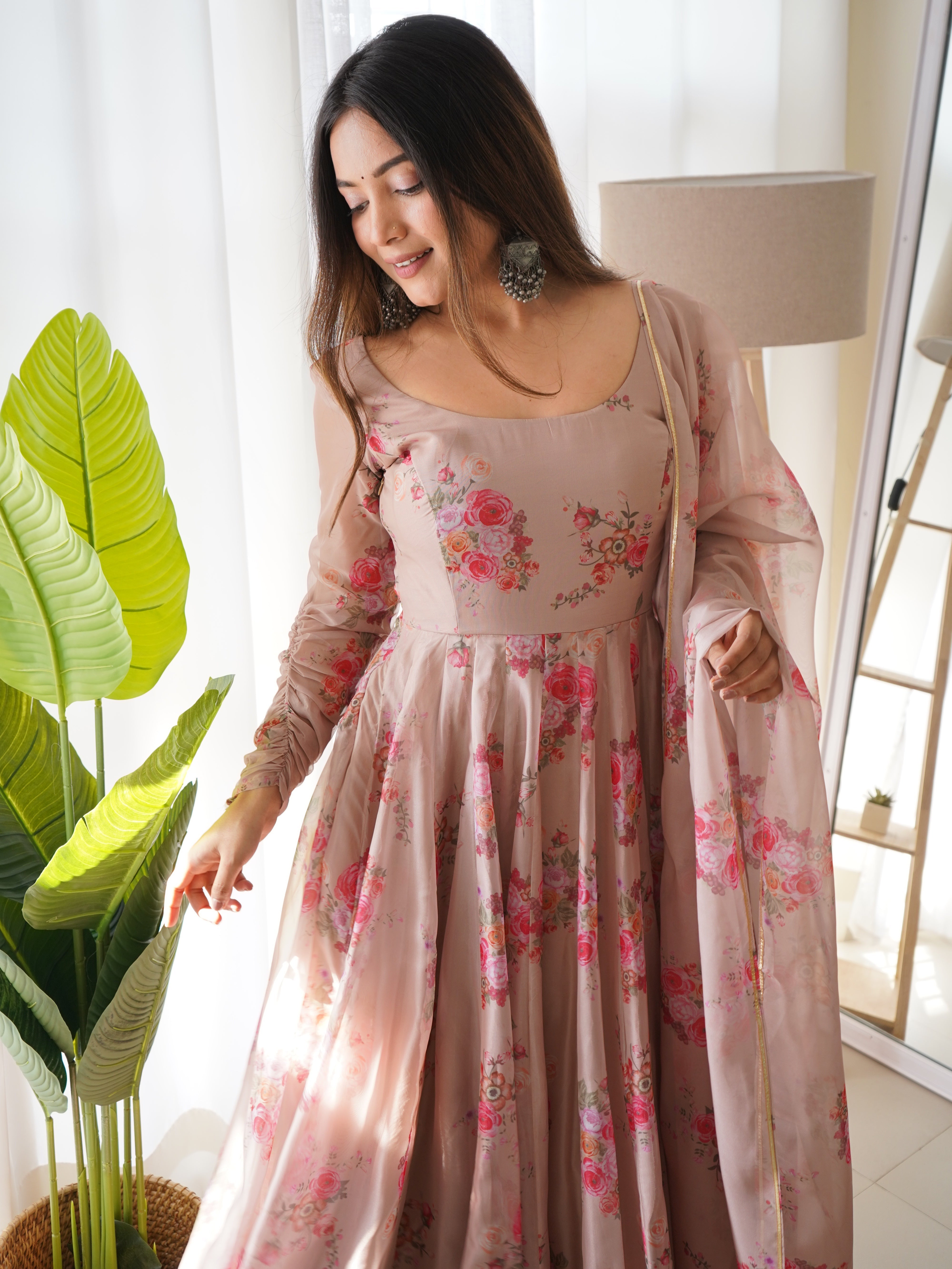 Beige Organza Printed Anarkali Gown With Pant & Dupatta Set