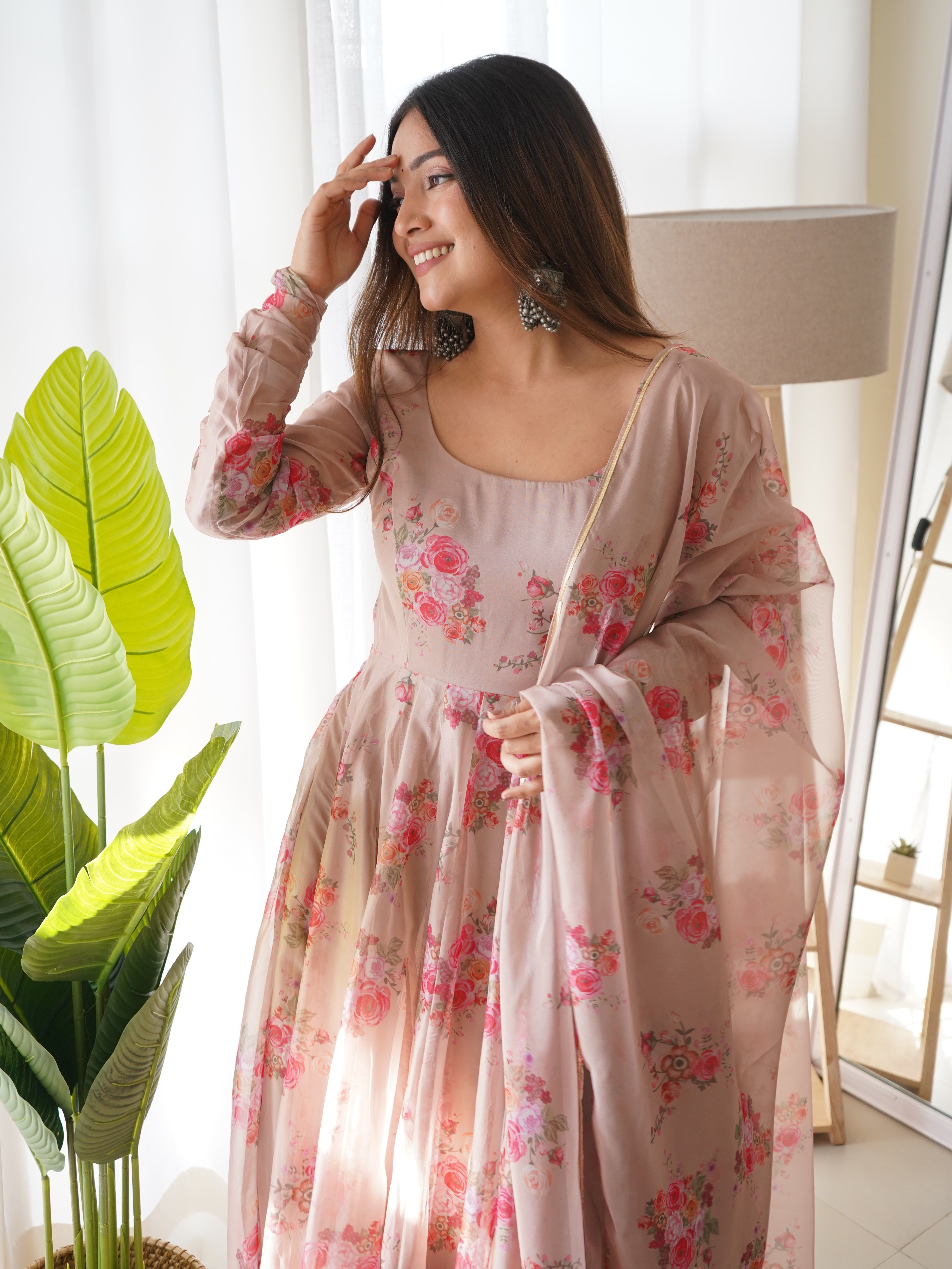 Beige Organza Printed Anarkali Gown With Pant & Dupatta Set
