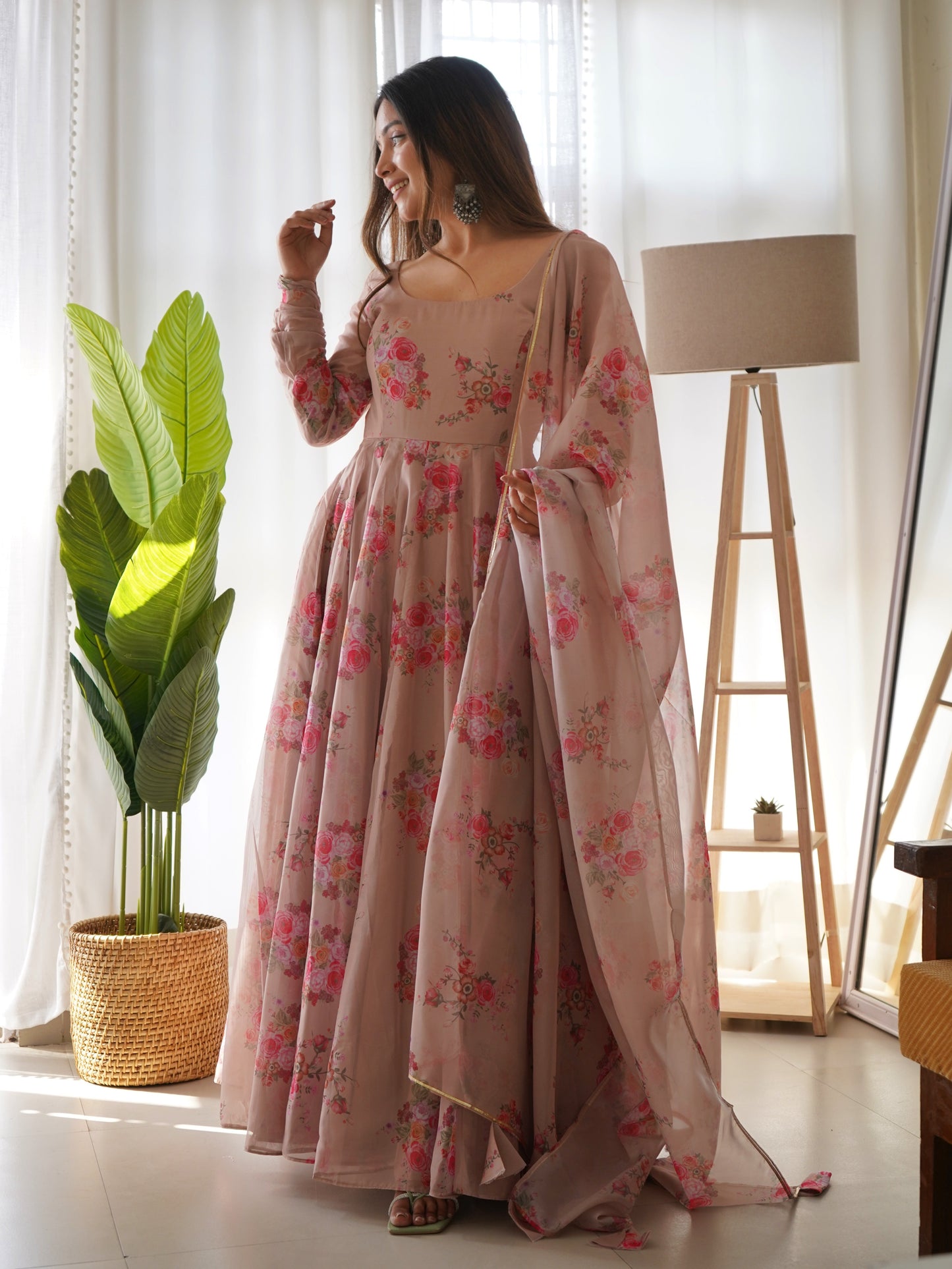 Beige Organza Printed Anarkali Gown With Pant & Dupatta Set