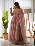 Beige Organza Printed Anarkali Gown With Pant & Dupatta Set