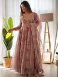 Beige Organza Printed Anarkali Gown With Pant & Dupatta Set
