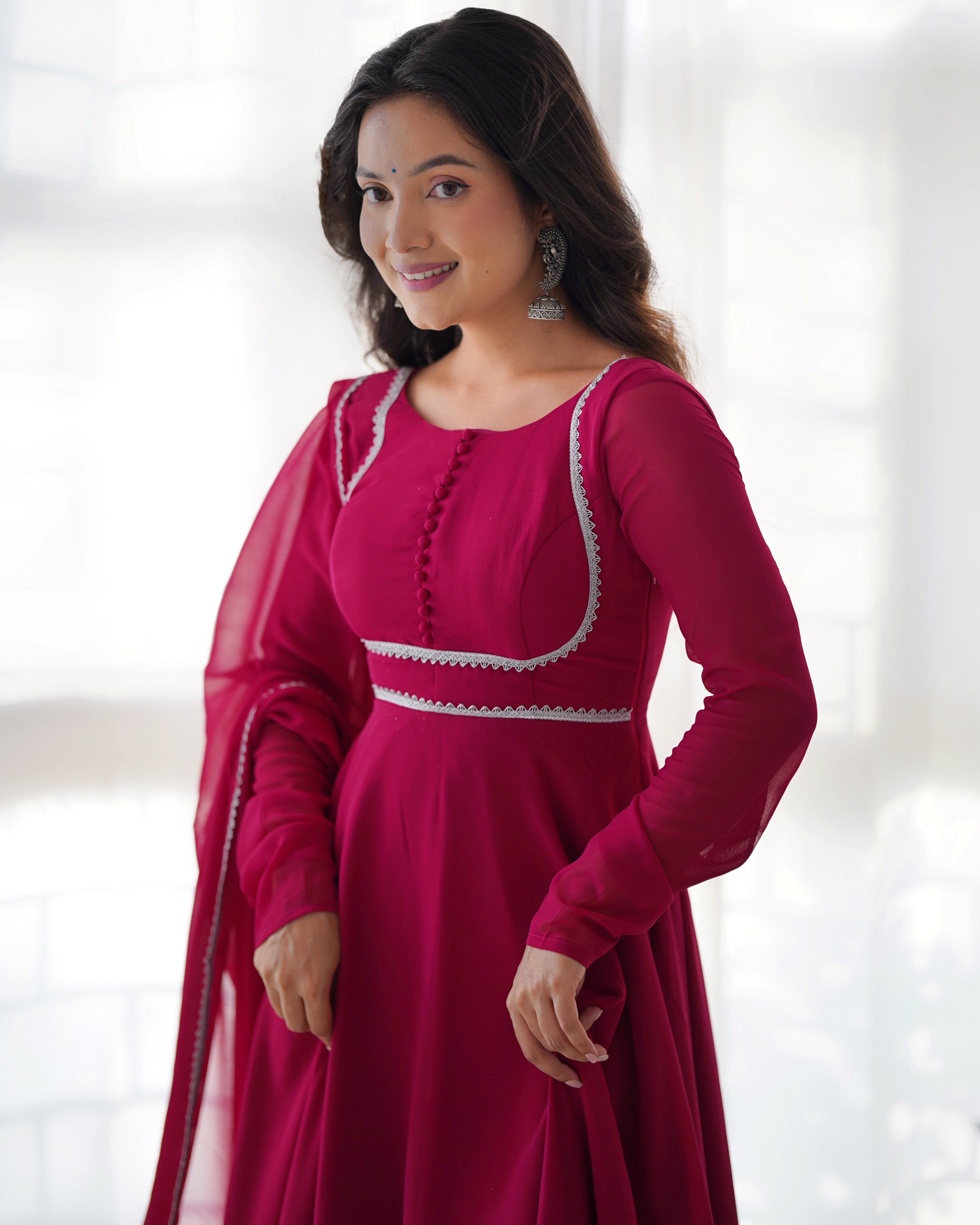 Hot Pink Georgette Anarkali Kurti With Pant Dupatta Set