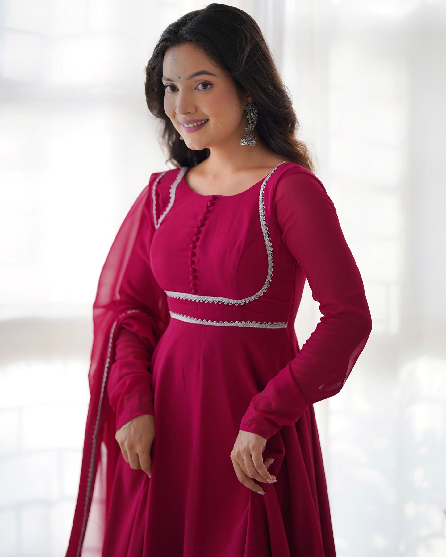 Hot Pink Georgette Anarkali Kurti With Pant Dupatta Set