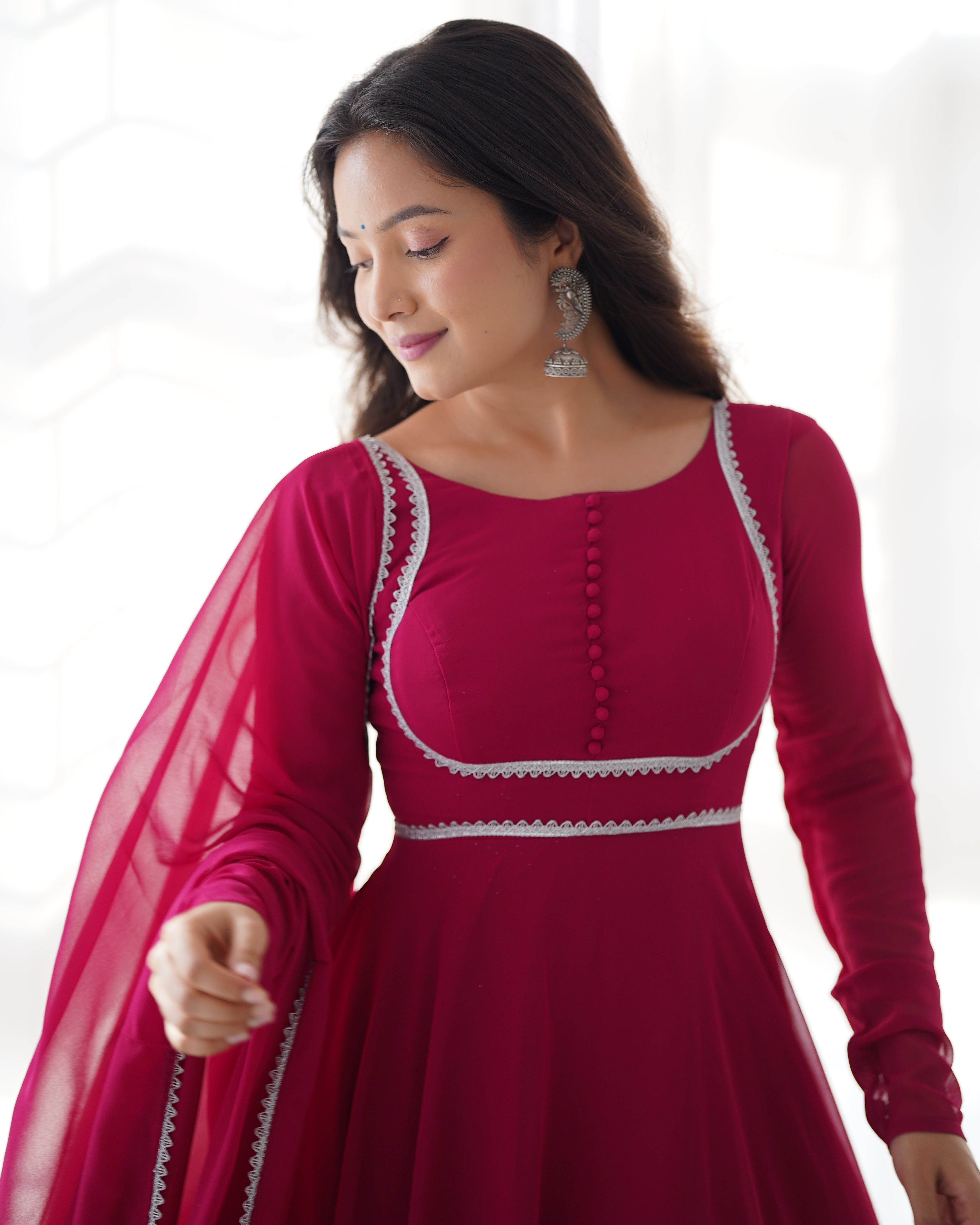 Hot Pink Georgette Anarkali Kurti With Pant Dupatta Set