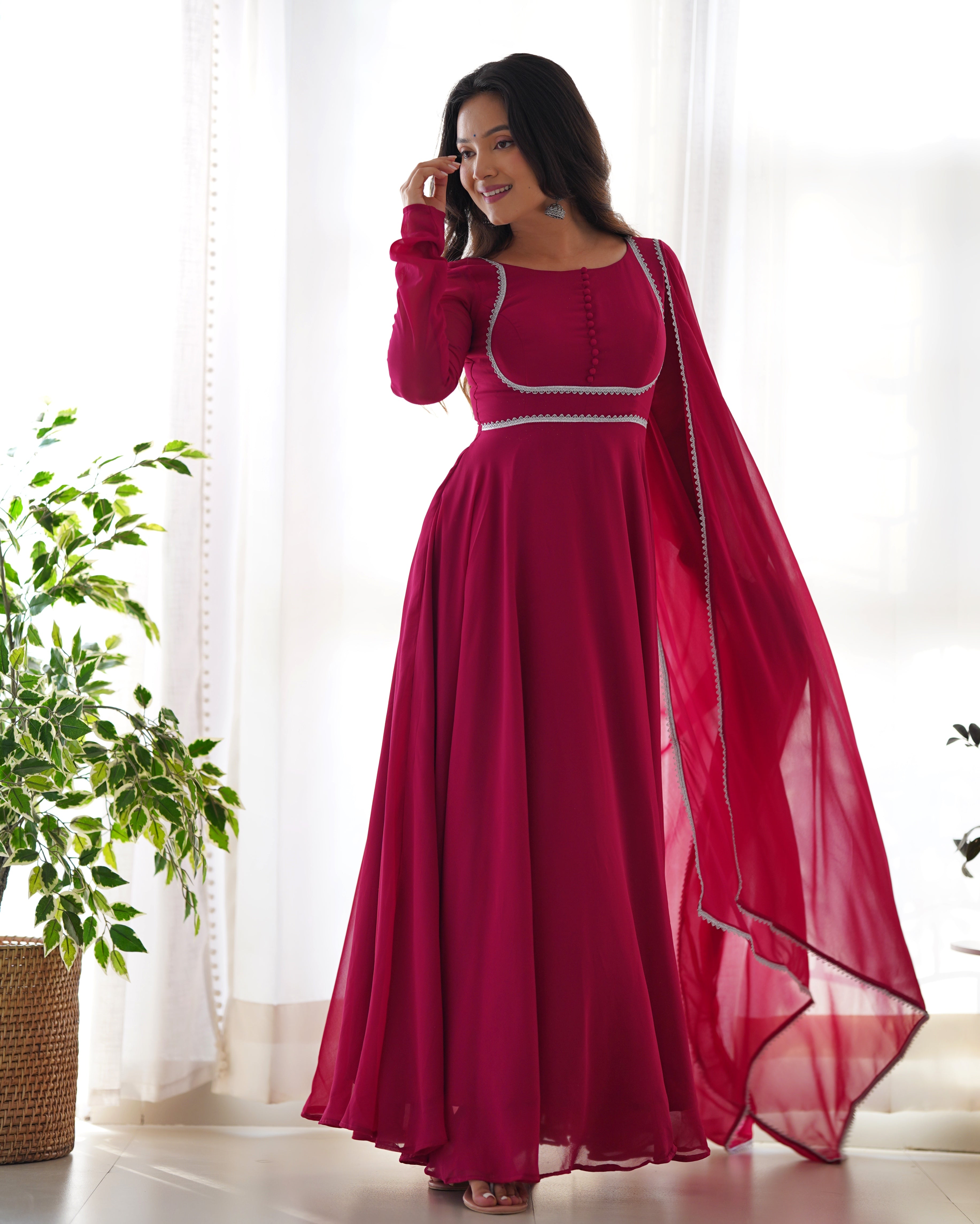 Hot Pink Georgette Anarkali Kurti With Pant Dupatta Set